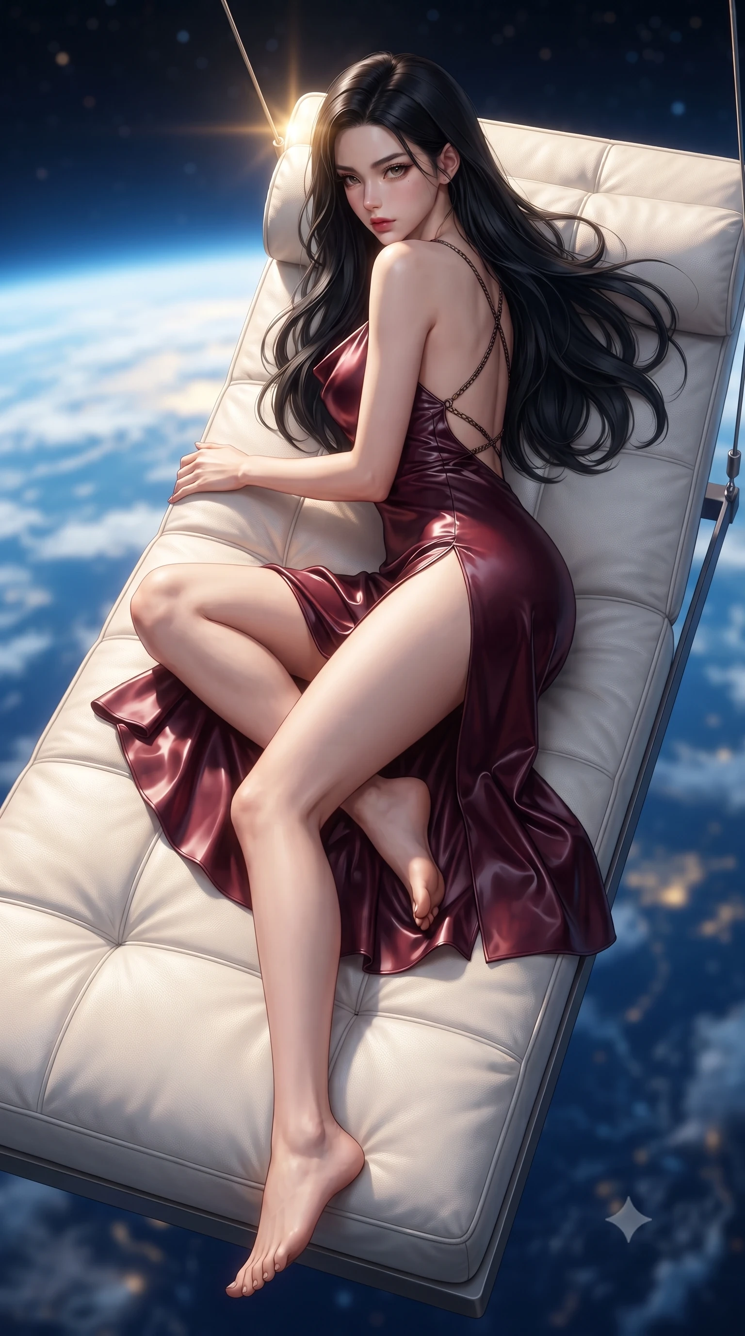 score_9, masterpiece, best quality, ultra-detailed, high-budget anime keyframe, editorial fashion photography, tasteful artistic composition, Korean woman. low angle full-body shot from head to toe showing her feet, filling the entire 9:16 vertical frame with her statuesque presence, stretching her vertical silhouette. reclining on her side in an elegant Cleopatra pose with one knee drawn up, the dramatic contour of her rounded hips and long slender legs commanding the 9:16 vertical frame while reclining on a suspended zero-gravity white leather daybed with one knee drawn up, looking back over her bare shoulder with celestial bedroom-eyes. The composition keeps background elements in soft focus with creamy bokeh. swirling blue Earth oceans and blinding orbital sunrise ribbons blurred into deep azure, liquid gold, and starlight diamond bokeh. She has an exceptionally tall and slender model-like 8.5-heads proportion, an ultra-slim waist, a flat toned midriff, narrow delicate ribcage, and beautifully sculpted feminine hips creating a graceful, slim hourglass silhouette without any bulky heaviness, with impossibly long slender legs. sharp v-shaped jawline, high-bridge nose, intricate jewel-like eyes with depth, thick eyelashes, glossy parted lips with a natural sheen, intensely captivating and seductive bedroom-eyes expression, flawlessly proportioned anatomical accuracy, strict slender model proportions, natural body alignment, perfectly sculpted long slender limbs, ultra-slim waistline, clean dynamic posture without body distortion. wearing a backless cowl-neck satin slip dress featuring high-cut side hip slits and delicate criss-cross back straps in deep wine burgundy and antique bronze, tailored from second-skin aerodynamic stretch vinyl with specular wet sheen, finished with criss-cross back satin straps highlighting her graceful shoulder blades, the form-contouring material adhering flawlessly to her sculpted flat midriff and slender torso, emphasizing her long leg lines and perfectly proportioned willowy build. bathed in radiant golden orbital sunrise backlighting and ambient cool blue Earth glow from below. ultra-reflective glossy finish, specular highlights, rich textural contrasts, high-contrast stereoscopic depth, volumetric dynamic lighting, 2k, ultra detail, master piece, 9:16 ratio