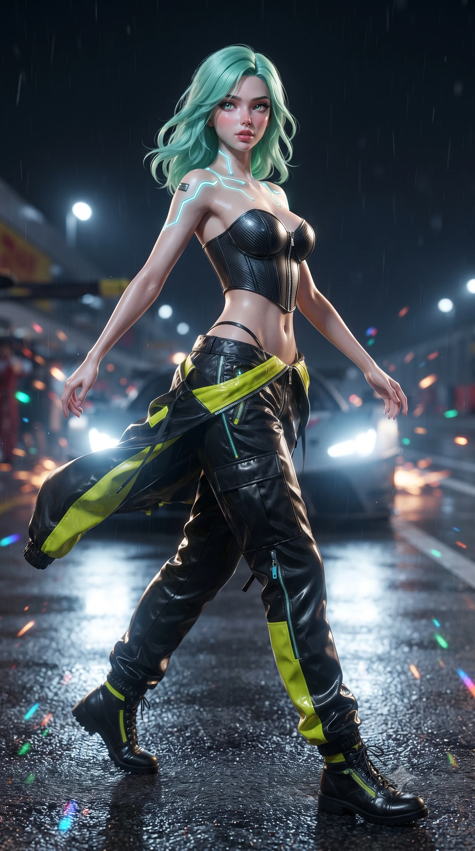 score_9, masterpiece, best quality, ultra-detailed, high-budget anime keyframe, editorial fashion photography, tasteful artistic composition, Japanese woman. low angle full-body shot from head to toe showing her feet, filling the entire 9:16 vertical frame with her statuesque presence, stretching her vertical silhouette. executing an elegant mid-motion turn as garments swirl around her slender limbs, glancing over her shoulder with smoldering allure while striding dynamically along the wet pitlane pavement as incoming headlights cast long, cinematic specular reflections. The composition keeps background elements in soft focus with creamy bokeh. rain-slicked asphalt reflections and turbo exhaust sparks scattering vivid chromatic light motes. She has an absolutely perfect, statuesque 8.5-heads proportion, an exceptionally tall and slender model-like female figure with impossibly long slender legs, a toned flat midriff, and an ultra-slim waist. sharp v-shaped jawline, high-bridge nose, intricate jewel-like eyes with depth, thick eyelashes, glossy parted lips with a natural sheen, intensely captivating and seductive expression, flawlessly proportioned anatomical accuracy, strict slender model proportions, natural body alignment, perfectly sculpted long slender limbs, ultra-slim waistline, clean dynamic posture without body distortion. wearing a deconstructed carbon-fiber corset top paired with low-slung leather utility trousers in high-gloss asphalt black and hazard neon yellow, made of durable ripstop technical nylon with metallic zipper teeth, finished with glowing cyan circuit lines tracing her collarbones and shoulders, the athletic second-skin cut highlighting her toned flat midriff and slender model proportions during dynamic action. bathed in high-intensity xenon hypercar headlights and neon pitlane floodlights. ultra-reflective glossy finish, specular highlights, rich textural contrasts, high-contrast stereoscopic depth, volumetric dynamic lighting, 2k, ultra detail, master piece, 9:16 ratio