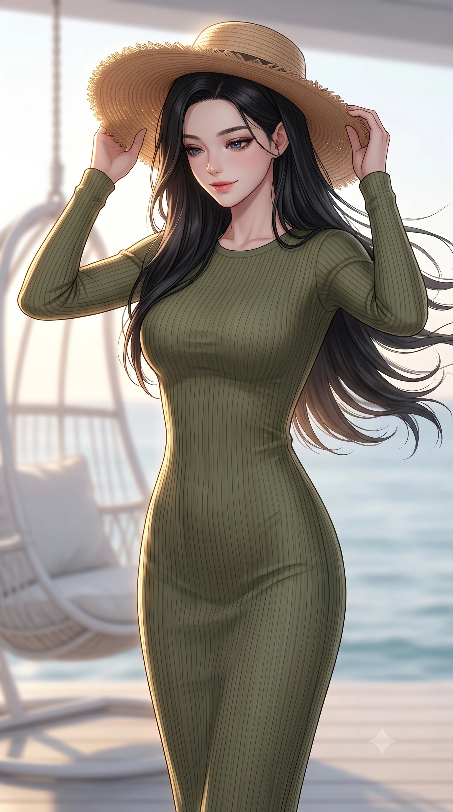 score_9, masterpiece, best quality, ultra-detailed, high-budget anime keyframe, editorial fashion photography, tasteful artistic composition, Korean woman woman. close-up cowboy shot from the waist and thighs up, the character dominates the composition, filling the frame with her large presence, background elements kept in soft focus. holding a wide-brimmed straw hat with both hands against the breeze, looking down with a soft smile the background shows a soft-focus a white hanging swing chair on a quiet beach resort balcony, looking out at the calm ocean. She has an exceptionally elegant, slender, and willowy female figure with an ultra-slim waist, a gracefully sculpted slender torso, and a refined silhouette. sharp v-shaped jawline, high-bridge nose, intricate jewel-like eyes with depth, thick eyelashes, glossy lips with a natural sheen. wearing a slim-fit form-contouring ribbed bodycon midi dress in olive green with long sleeves. warm golden hour light tracing a soft glowing rim light along her figure. 2k, ultra detail, master piece, 9:16 ratio