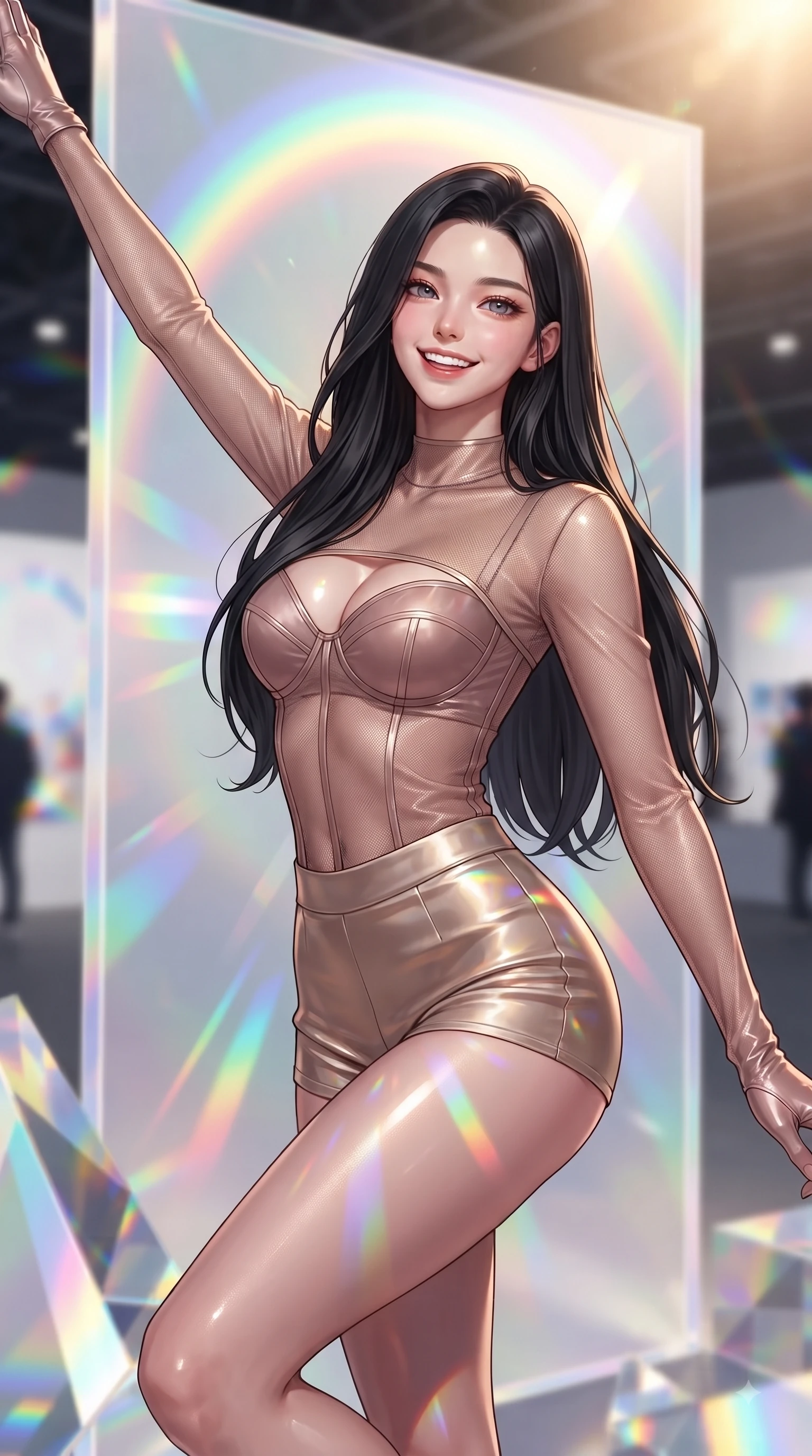 score_9, masterpiece, best quality, ultra-detailed, high-budget anime keyframe, editorial fashion photography, tasteful artistic composition, Korean woman. close-up cowboy shot from the waist and thighs up, the character dominates the composition, filling the frame with her large presence, background elements kept in soft focus. Extending one arm in an elegant stretch toward the sun while smiling with vibrant, magnetic self-assurance while poised in a playful stance before a giant holographic canvas emitting luminous color arcs, a kaleidoscope of refractions forming colorful geometric light patterns on her skin. She has an exceptionally elegant, slender, and willowy female figure with an ultra-slim waist, a gracefully sculpted slender torso, and a refined silhouette. sharp v-shaped jawline, high-bridge nose, intricate jewel-like eyes with depth, thick eyelashes, glossy lips with a natural sheen, flawlessly proportioned anatomical accuracy, natural body alignment, perfectly sculpted elegant limbs, clean dynamic posture without body distortion. wearing a delicate see-through mesh top with structured cup boning and micro-shorts in dusty rose and champagne gold, crafted from smooth liquid silk, accented with a Tasteful chest slit framing her clavicle gracefully, the glove-like fit emphasizing her statuesque silhouette during motion. illuminated by brilliant multi-color rainbow light refracting through glass prisms. ultra-reflective glossy finish, specular highlights, metallic sheen, high-contrast stereoscopic depth, volumetric dynamic lighting, 2k, ultra detail, master piece, 9:16 ratio
