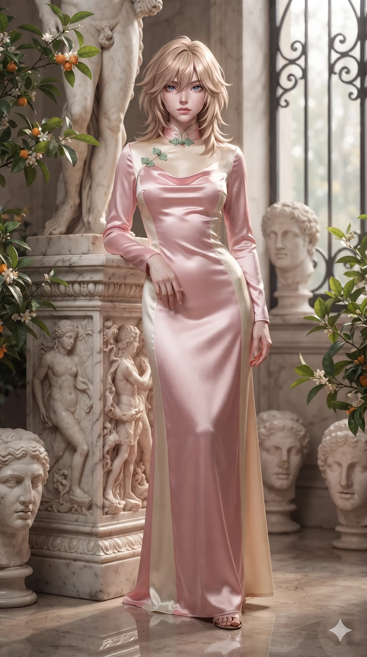 score_9, masterpiece, best quality, ultra-detailed, high-budget anime keyframe, editorial fashion photography, tasteful artistic composition, Japanese woman. low angle full-body shot from head to toe showing her feet, filling the entire 9:16 vertical frame with her statuesque presence, stretching her vertical silhouette. stepping slowly toward the camera with hypnotic grace, hips swaying in an alluring sensual rhythm that accentuates her curvy hourglass silhouette and long slender legs while leaning against a carved marble statue pedestal with hips cocked back, gazing through fragrant orange blossoms with smoldering eyes. The surrounding environment is rendered in vivid detail and crisp panoramic clarity: sharp marble bust facial carvings, waxy green citrus leaves, and crisp wrought-iron window frames in deep focus. She has an exceptionally tall and slender model-like 8.5-heads proportion, an ultra-slim waist, a flat toned midriff, narrow delicate ribcage, and beautifully sculpted feminine hips creating a graceful, slim hourglass silhouette without any bulky heaviness, with impossibly long slender legs. sharp v-shaped jawline, high-bridge nose, intricate jewel-like sparkling eyes with depth, thick eyelashes, glossy parted lips with a natural sheen, intensely captivating and seductive bedroom-eyes expression, exuding both youthful cute charm and sovereign luxury allure, flawlessly proportioned anatomical accuracy, strict slender model proportions, natural body alignment, perfectly sculpted long slender limbs, ultra-slim waistline, clean dynamic posture without body distortion. wearing a modest long-sleeve cowl-neck satin column gown draping gracefully to the floor with aristocratic poise in sakura blossom pink and warm ivory, crafted from luxurious metallic lamé that shifts radiance with every step, finished with sleek jade frog closures glinting along her high collar, the bespoke structured tailoring following the natural line of her 8.5-heads silhouette with refined elegance. illuminated by polished limestone floor reflections and sharp emerald-gold rim lights sculpting her razor-sharp jawline, narrow waist, and curvy hips. ultra-reflective glossy finish, specular highlights, rich textural contrasts, high-contrast stereoscopic depth, volumetric dynamic lighting, 2k, ultra detail, master piece, 9:16 ratio