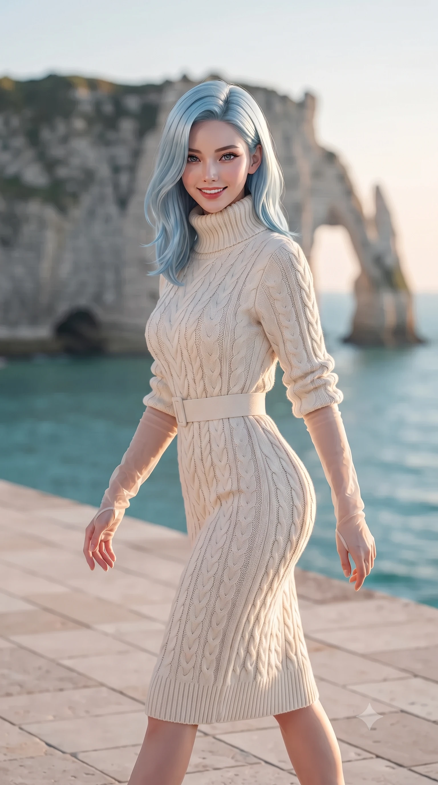score_9, masterpiece, best quality, ultra-detailed, high-budget anime keyframe, editorial fashion photography, tasteful artistic composition, Korean woman. close-up cowboy shot from the waist and thighs up, the character dominates the composition, filling the frame with her large presence. leaning forward while arching her lower back to accentuate her curvy hips, looking into the camera with an intoxicating smoldering gaze and bedroom-eyes while walking slowly across the pale travertine deck with tall model strides, evening sea breezes molding her gown to her hourglass curves. The background shows a soft-focus monumental white chalk cliffs plunging into turquoise Channel waters, naturally carved rock arch, and rose-gold sunset sky blurred into alabaster, cyan, and rose bokeh. She has an exceptionally elegant, slender, and willowy female figure with an ultra-slim waist, flat toned midriff, narrow ribcage, and sculpted feminine hips creating an alluring, slim hourglass silhouette without bulk. sharp v-shaped jawline, high-bridge nose, intricate jewel-like sparkling eyes with depth, thick eyelashes, glossy parted lips with a natural peach sheen, bright cheerful beaming smile with an enchanting and coquettish sensual glint, exuding both youthful cute charm and seductive allure, flawlessly proportioned anatomical accuracy, strict slender model proportions, natural body alignment, perfectly sculpted long slender limbs, ultra-slim waistline, clean dynamic posture without body distortion. wearing an elegant high-collar Nordic merino wool cable-knit sweater dress with belted waistline in Belvedere ivory pearl and Habsburg bordeaux wine, crafted from bespoke double-faced cashmere with an exceptionally soft tactile finish, complemented by sheer opera-length evening gloves tracing her slender arms, the impeccably tailored cut draping gracefully along her slender figure with aristocratic poise. bathed in saturated 2800K late-evening Normandy sunset alpenglow transitioning into violet dusk. ultra-reflective glossy finish, specular highlights, rich textural contrasts, high-contrast stereoscopic depth, volumetric dynamic lighting, 2k, ultra detail, master piece, 9:16 ratio