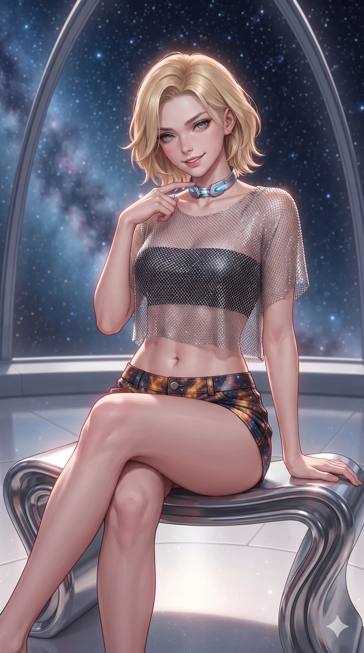 score_9, masterpiece, best quality, ultra-detailed, high-budget anime keyframe, editorial fashion photography, tasteful artistic composition, Caucasian woman. close-up cowboy shot from the waist and thighs up, the character dominates the composition, filling the frame with her large presence. tilting her head with a teasing half-smile, running one finger slowly along her glowing comm-link collar in a flirtatious gesture while sitting gracefully on the sculptural chrome bench with legs crossed, flashing an enchanting smile with parted glossy lips under the canopy of a thousand newborn stars. The background shows a soft-focus faint nebular gas haze softened in deep void observation dome shallow focus. She has an exceptionally elegant, slender, and willowy female figure with an ultra-slim waist, flat toned midriff, narrow ribcage, and sculpted feminine hips creating an alluring, slim hourglass silhouette without bulk. sharp v-shaped jawline, high-bridge nose, intricate jewel-like sparkling eyes with depth, thick eyelashes, glossy parted lips with a natural sheen, bright confident smile with an enchanting and coquettish sensual glint, exuding both youthful magnetic charm and sovereign high-tech allure, flawlessly proportioned anatomical accuracy, strict slender model proportions, natural body alignment, perfectly sculpted long slender limbs, ultra-slim waistline, clean dynamic posture without body distortion. wearing a delicate silver chainmail mesh crop top layered over a sculpted matte black bandeau with low-rise combat shorts in cosmic eclipse amber and starlight diamond, woven from stretch metallic lurex jersey casting radiant starlight glints across her curves, finished with polished chrome buckle hardware and modular magnetic holster clasps, the precision-cut side openings and low-back scoop framing her graceful spine and the sensual sweep of her slim, toned hips. illuminated by dome floor bounce and sharp rose-gold rim lights defining her razor-sharp jawline, narrow waist, and curvy hips. ultra-reflective glossy finish, specular highlights, rich textural contrasts, high-contrast stereoscopic depth, volumetric dynamic lighting, 2k, ultra detail, master piece, 9:16 ratio