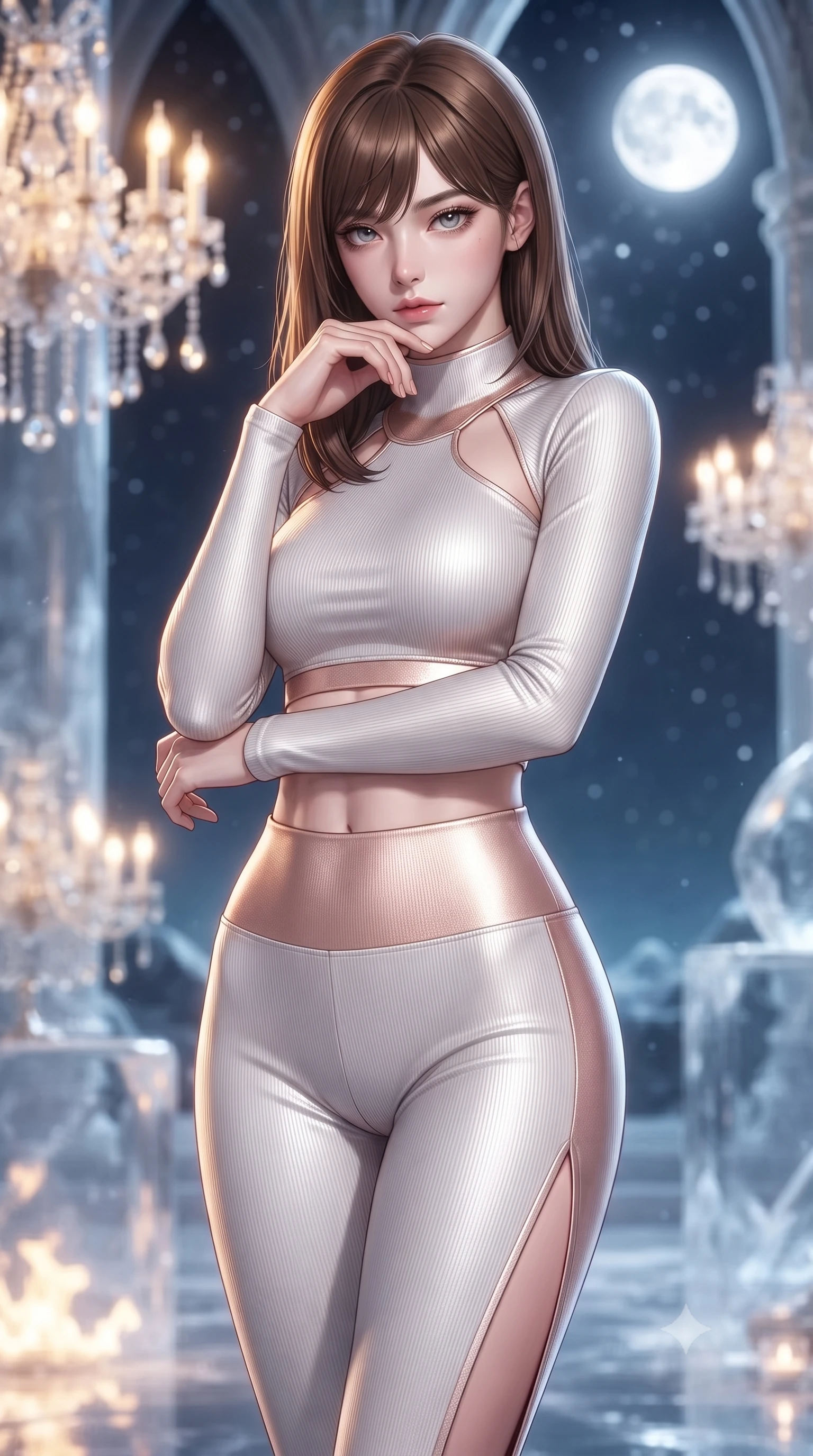 score_9, masterpiece, best quality, ultra-detailed, high-budget anime keyframe, editorial fashion photography, tasteful artistic composition, Korean woman. close-up cowboy shot from the waist and thighs up, the character dominates the composition, filling the frame with her large presence, background elements kept in soft focus. Resting her chin on the backs of her fingers, casting a sharp, mysterious gaze standing in an open-air ice palace ballroom lined with glowing crystal chandeliers, clear glacial ice reflecting the radiant full moon and starlight like a mirror. She has an exceptionally elegant, slender, and willowy female figure with an ultra-slim waist, a gracefully sculpted slender torso, and a refined silhouette. sharp v-shaped jawline, high-bridge nose, intricate jewel-like eyes with depth, thick eyelashes, glossy lips with a natural sheen. wearing a form-fitting ribbed activewear set with collar cutouts in pearl white and rose gold, formed from sleek second-skin neoprene, finished with a sleek side slit ascending to mid-thigh, the tailored fabric tightly following every curve of her athletic build. illuminated by warm golden hearth fire contrasting against icy silver highlights. ultra-reflective glossy finish, specular highlights, metallic sheen, high-contrast stereoscopic depth, volumetric dynamic lighting, 2k, ultra detail, master piece, 9:16 ratio