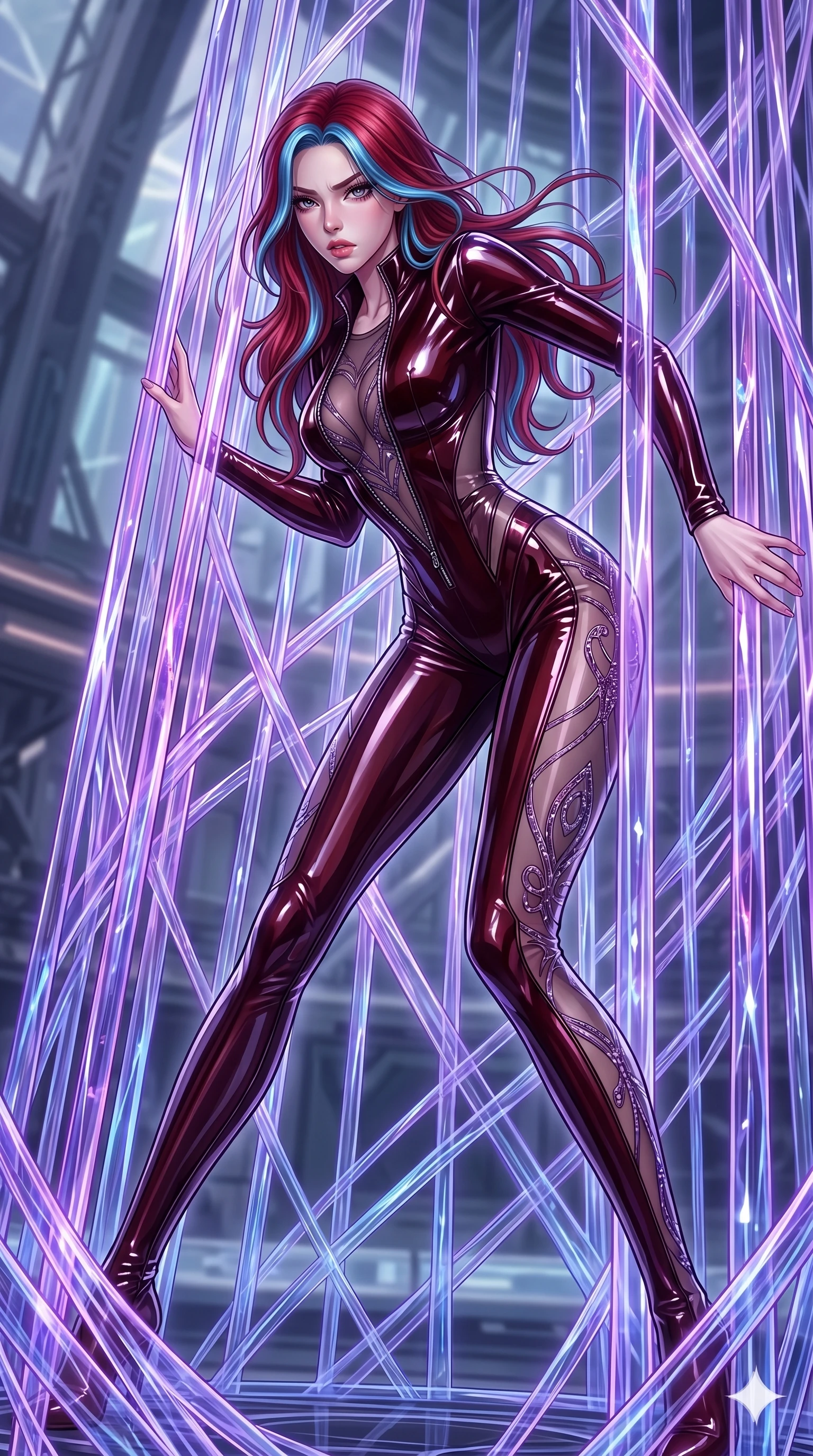 score_9, masterpiece, best quality, ultra-detailed, High-budget Anime Keyframe, East Asian woman. Dynamic full-body shot stretching the vertical silhouette to the limit. Scenario 222: Trapped in a cage of glowing crystalline fibers, body pressing against the bars. Her presence is magnetic and overpowering in this high-budget anime scene. Outfit 222: A patent leather second with a unzipped detail and translucent layers. The clothing is designed to emphasize her exceptionally tall and slender 8-heads proportion. 8-heads proportion, towering silhouette, ultra-slim waist. sharp v-shaped jawline, intricate jewel-like eyes with depth, thick eyelashes, glossy lips. 2k, ultra detail, master piece, 9:16 ratio