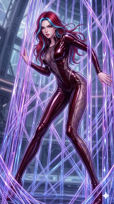score_9, masterpiece, best quality, ultra-detailed, High-budget Anime Keyframe, East Asian woman. Dynamic full-body shot stretching the vertical silhouette to the limit. Scenario 222: Trapped in a cage of glowing crystalline fibers, body pressing aga