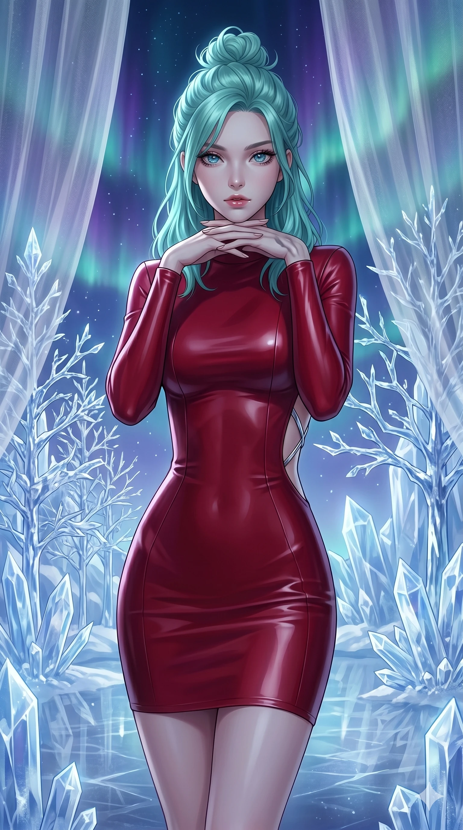 score_9, masterpiece, best quality, ultra-detailed, high-budget anime keyframe, editorial fashion photography, tasteful artistic composition, Japanese woman. cowboy shot from the thighs up, character and outfit filling the frame for maximum editorial presence. Resting her chin on the backs of her fingers in a confident pose within a dreamlike floating winter kingdom with frozen crystal trees and aurora skies. She has an absolutely perfect 8-heads proportion, an exceptionally tall and slender female figure with impossibly long slender legs and an ultra-slim waist. V-shaped jawline, high-bridge nose, intricate jewel-like eyes with depth, thick eyelashes, glossy lips with a natural sheen. wearing a structured deep-cherry-red fashion-latex fitted dress with a clean architectural front and a dramatic open-back design with a single criss-cross strap in chrome across the bare back. bathed in cold silver moonlight filtered through translucent gossamer curtains casting soft shadows on her curves. 2k, ultra detail, master piece, 9:16 ratio
