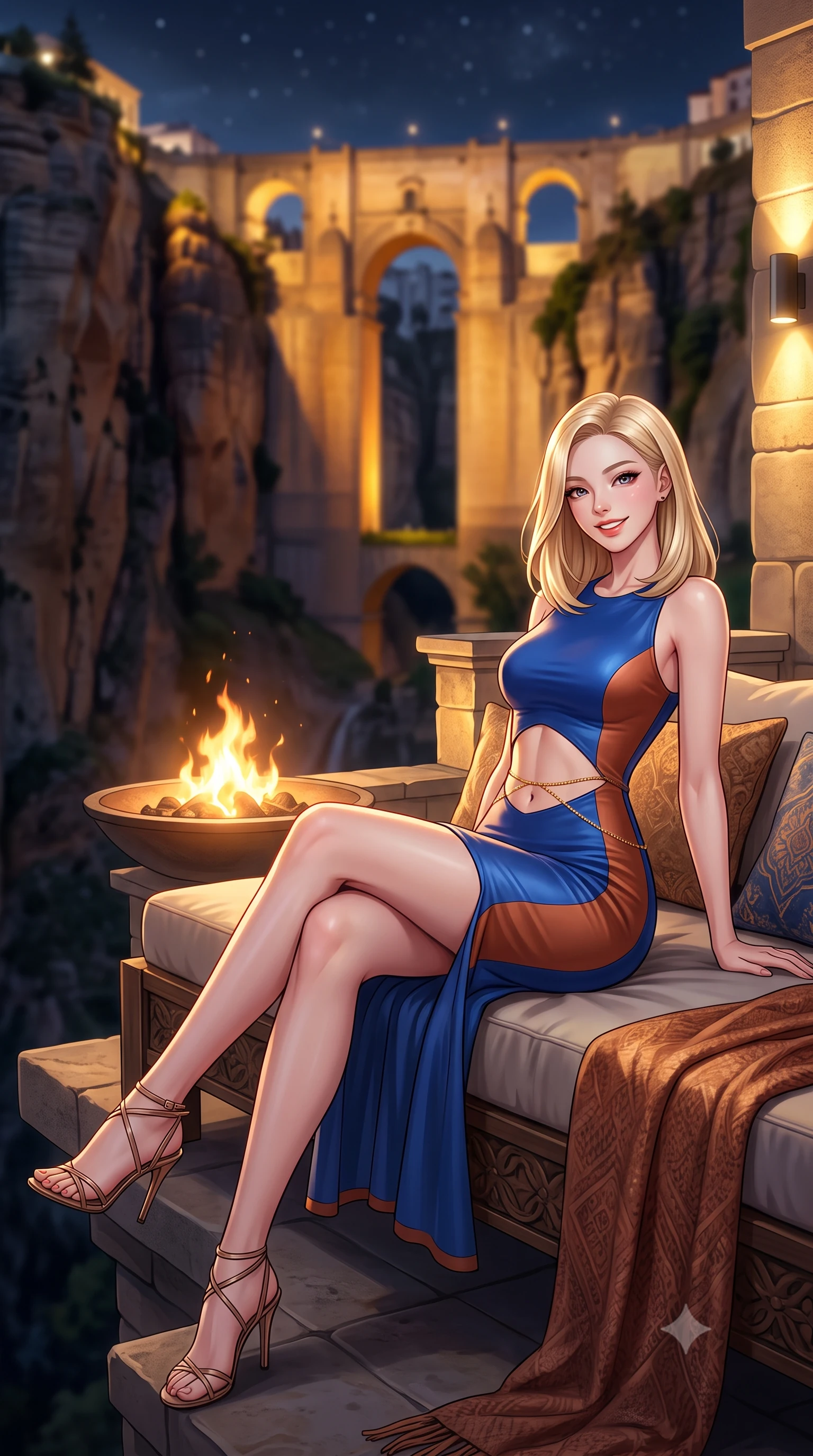 score_9, masterpiece, best quality, ultra-detailed, high-budget anime keyframe, semi-realistic 3D game render, editorial fashion photography, tasteful artistic composition, Korean woman. low angle full-body shot from head to toe showing her feet, filling the entire 9:16 vertical frame with her statuesque presence, stretching her vertical silhouette. lounging on the lavish daybed with legs crossed and hips angled toward the camera, displaying her toned midriff and long slender limbs with effortless siren poise while standing poised on the cantilevered stone terrace at the dizzying edge of the vertical 120-meter limestone gorge, arching her lower back as nocturnal mountain winds whip around her silhouette. The background shows a soft-focus monumental illuminated stone arches of the Puente Nuevo spanning the dark abyss, sheer vertical limestone cliffs, and starry Andalusian sky blurred into amber, slate, and sapphire bokeh. She has an exceptionally tall and slender model-like 8.5-heads proportion, an ultra-slim waist, a flat toned midriff, narrow delicate ribcage, and beautifully sculpted feminine hips creating a graceful, slim hourglass silhouette without any bulky heaviness, with impossibly long slender legs. sharp v-shaped jawline, high-bridge nose, intricate jewel-like sparkling eyes with depth, thick eyelashes, glossy parted lips with a natural peach sheen, bright cheerful beaming smile with an enchanting and coquettish sensual glint, exuding both youthful cute charm and seductive allure, flawlessly proportioned anatomical accuracy, strict slender model proportions, natural body alignment, perfectly sculpted long slender limbs, ultra-slim waistline, clean dynamic posture without body distortion. wearing an ultra-sleek stretch lambskin leather sheath dress accentuating her slim waistline in Andalusian Alhambra azulejo cobalt and warm terracotta copper, crafted from bespoke double-faced cashmere with an exceptionally soft tactile finish, accented with a dainty gold belly chain resting across her flat midriff and curving hips, the glove-like clinging cut tightly following the natural contour of her hips and long slender legs with youthful 8.5-heads elegance. bathed in the contrast of warm 2100K terrace fire pit flames and golden architectural floodlights on the Puente Nuevo bridge. highly saturated vibrant anime colors, detailed shading with soft gradients, rich glossy textures, high-contrast stereoscopic depth, volumetric dynamic lighting, master piece, 9:16 ratio