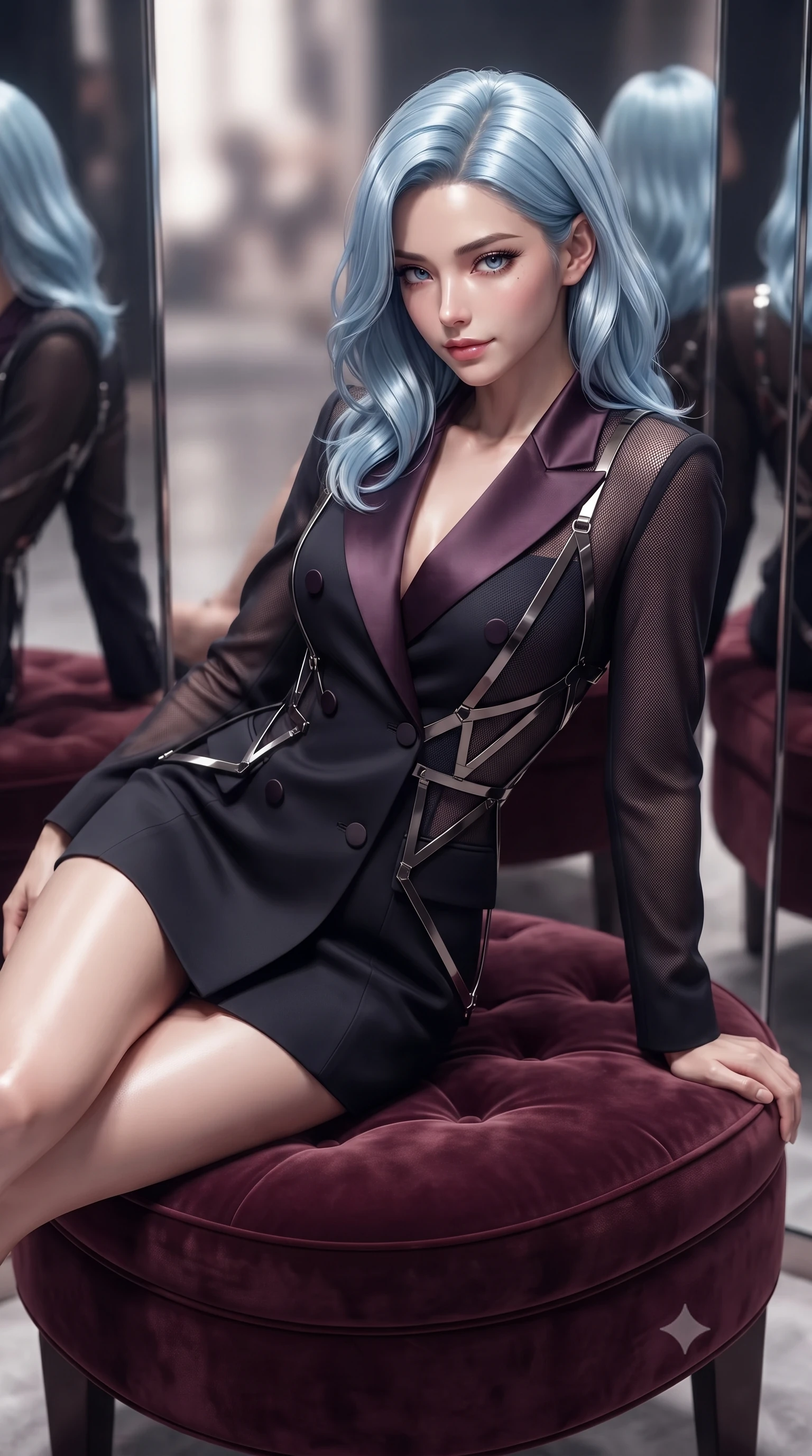 score_9, masterpiece, best quality, ultra-detailed, high-budget anime keyframe, editorial fashion photography, tasteful artistic composition, Korean woman. close-up cowboy shot from the waist and thighs up, the character dominates the composition, filling the frame with her large presence, background elements kept in soft focus. Glancing sidelong over her shoulder with a smoldering, enigmatic half-smile, lounging on a velvet ottoman surrounded by high-contrast mirror reflection panels, magnetic runway model aura with supreme visual command. She has an exceptionally elegant, slender, and willowy female figure with an ultra-slim waist, a gracefully sculpted slender torso, and a refined silhouette. sharp v-shaped jawline, high-bridge nose, intricate jewel-like eyes with depth, thick eyelashes, glossy lips with a natural sheen. wearing tailored double-breasted obsidian blazer dress with silk lapels in dark plum violet, made of fine dark contouring mesh, highlighted by a gunmetal metallic harness structure, sculpting her athletic slender build with refined precision. bathed in high-contrast specular reflections against bright mirror space. ultra-reflective glossy finish, specular highlights, metallic sheen, high-contrast stereoscopic depth, volumetric dynamic lighting, 2k, ultra detail, master piece, 9:16 ratio