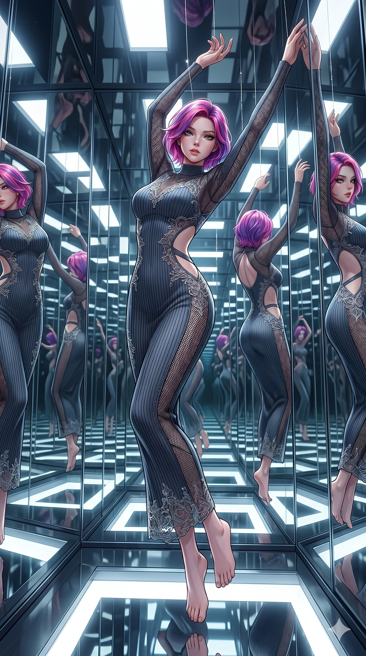 score_9, masterpiece, best quality, ultra-detailed, High-budget Anime Keyframe, East Asian woman. Dynamic full-body shot stretching the vertical silhouette to the limit. Scenario 266: Suspended by invisible silk threads in a hall of mirrors. Her presence is magnetic and overpowering in this high-budget anime scene. Outfit 266: A ribbed bodycon knit mesh with a strategic side cut-outs and delicate lace embroidery. The clothing is designed to emphasize her exceptionally tall and slender 8-heads proportion. 8-heads proportion, towering silhouette, ultra-slim waist. sharp v-shaped jawline, intricate jewel-like eyes with depth, thick eyelashes, glossy lips. 2k, ultra detail, master piece, 9:16 ratio