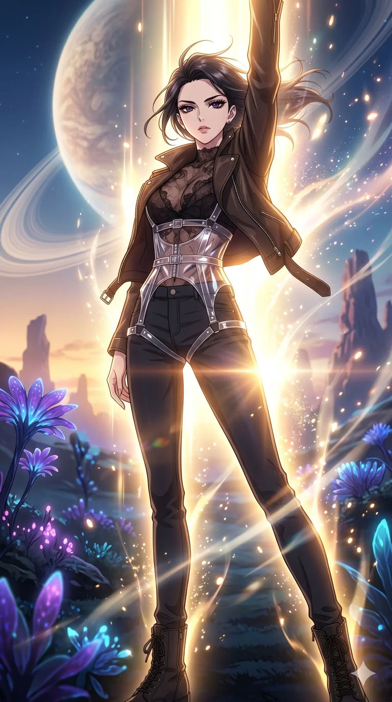 score_9, masterpiece, best quality, ultra-detailed, High-budget Anime Keyframe, vibrant colors, fluid line-art, expressive lighting, cinematic composition, Ufotable-style visual effects, top-tier animation quality, Japanese woman with delicate and elegant anime-inspired features. Dynamic full-body shot stretching the vertical silhouette, capturing her from a powerful low-angle perspective. Transcending her physical form in a sudden flash of divine light, her silhouette becoming a being of pure energy. She has an absolutely perfect 8-heads proportion, an exceptionally tall and slender female figure with impossibly long slender legs and an ultra-slim waist, her statuesque height and towering silhouette dominating the vertical 9:16 frame. Her face is a masterpiece featuring a sharp v-shaped jawline, high-bridge nose, intricate jewel-like eyes with depth, thick eyelashes, and glossy lips with a natural sheen. She is wearing a Unzipped deeply leather jacket over a delicate sheer lace bra and a high-waisted harness crafted from Transparent PVC with a high-gloss finish that reveals the intricate layers beneath, with an exposed midriff and a complex harness system that draws the eye. The scene is set in a mysterious alien planet with bioluminescent purple flora and a giant ringed planet in the sky, illuminated by golden hour sunlight that gives her skin a warm, radiant glow. 2k, ultra detail, master piece, 9:16 ratio
