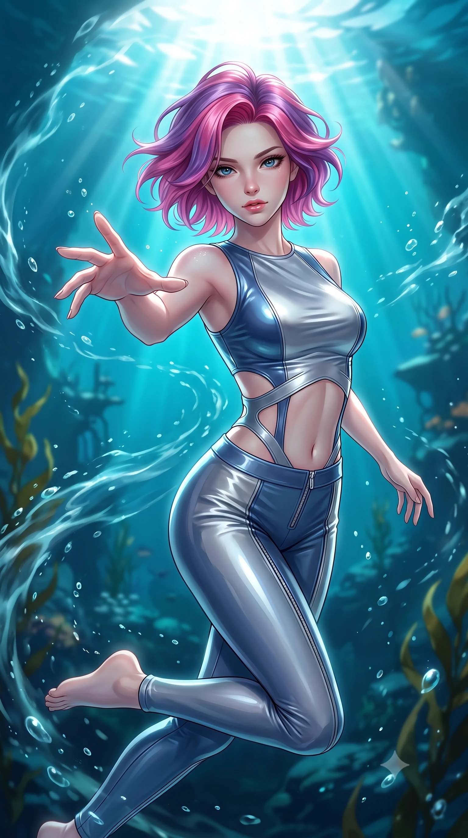 score_9, masterpiece, best quality, ultra-detailed, high-budget anime keyframe, editorial fashion photography, tasteful artistic composition, Caucasian woman. close-up cowboy shot from the waist and thighs up, the character dominates the composition, filling the frame with her large presence, background elements kept in soft focus. Reaching her hand gracefully toward the camera with magnetic allure, her torso turning in a dynamic S-curve alignment while swimming gracefully upward toward sunbeams penetrating a deep turquoise ocean rift, swirling ocean currents casting fluid motion patterns across her form. She has an exceptionally elegant, slender, and willowy female figure with an ultra-slim waist, a gracefully sculpted slender torso, and a refined silhouette. sharp v-shaped jawline, high-bridge nose, intricate jewel-like eyes with depth, thick eyelashes, glossy lips with a natural sheen, flawlessly proportioned anatomical accuracy, natural body alignment, perfectly sculpted elegant limbs, clean dynamic posture without body distortion. wearing a glossy vinyl crop top and high-waist tailored leggings with sleek zippers in slate blue and metallic silver, crafted from lustrous satin jersey with fluid draping, featuring clean architectural cutouts along her slender torso, the sleek second-skin texture accentuating her magnetic presence. surrounded by a shimmering ocean aura with bright pearl-white specular rim lights. highly saturated vibrant anime colors, detailed shading with soft gradients, rich glossy textures, high-contrast stereoscopic depth, volumetric dynamic lighting, master piece, 9:16 ratio