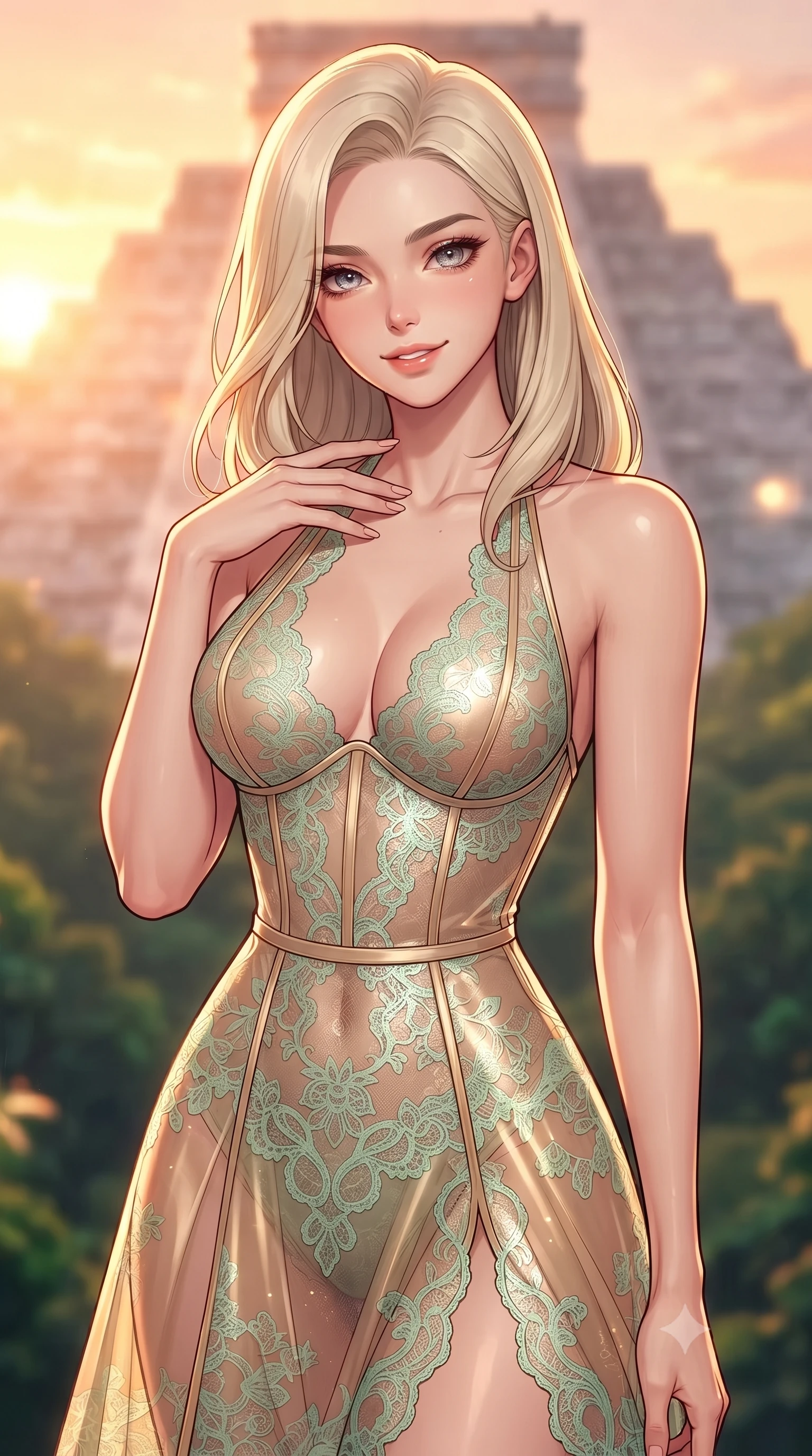 score_9, masterpiece, best quality, ultra-detailed, high-budget anime keyframe, editorial fashion photography, tasteful artistic composition, gorgeous anime illustration, with clean line-art, distinct ink outlines, and high-contrast stereoscopic depth, Caucasian woman, strictly human ears. close-up cowboy shot from the waist and thighs up, the character dominates the composition, filling the frame with her large presence, background elements kept in soft focus. Casting a soft, warm, affectionate smile with glowing eyes. set against a soft-focus background of atop a Mayan step pyramid made entirely of raw white quartz crystal in the heart of the Yucatan jungle, reflecting the sunrise over the emerald canopy. She has an exceptionally elegant, slender, and willowy female figure with a highly-defined ultra-slim waist, a gracefully sculpted slender torso, and a refined slim-fit silhouette that contours her form. sharp v-shaped jawline, high-bridge nose, intricate jewel-like eyes with depth, thick eyelashes, glossy lips with a natural sheen. wearing a semi-transparent halter dress in champagne gold, featuring a mint green lace overlay and a visible structured corset. dramatic chiaroscuro with a single golden key light sculpting her silhouette. 2k, ultra detail, master piece, 9:16 ratio, highly saturated vibrant anime colors, detailed cel-shading with soft gradients, rich glossy textures, deep contrast, volumetric dynamic lighting, 2d animation style