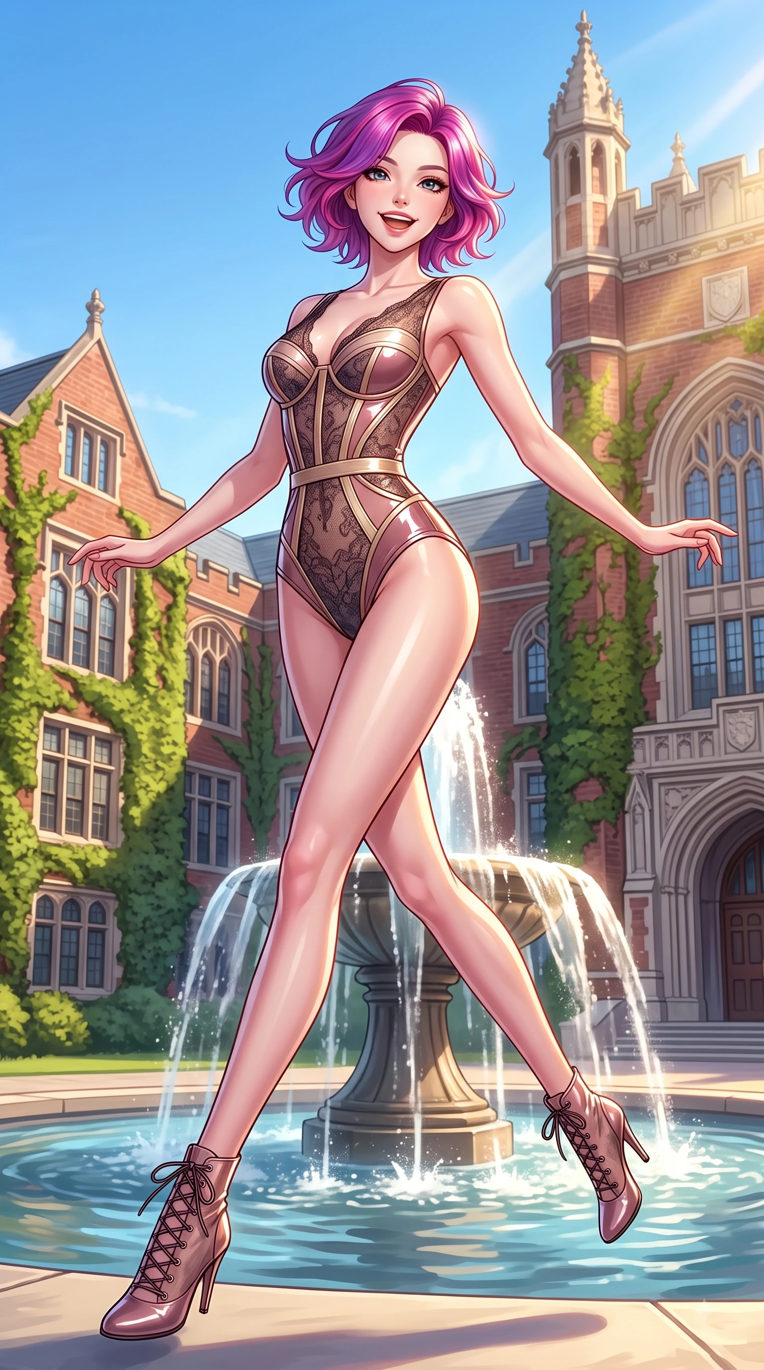 score_9, masterpiece, best quality, ultra-detailed, high-budget anime keyframe, editorial fashion photography, tasteful artistic composition, Caucasian woman. low angle full-body shot from head to toe showing her feet, filling the entire 9:16 vertical frame with her statuesque presence, stretching her vertical silhouette. performing a cheerful mid-air rotation with flawless poise, her radiant smile capturing fresh college girlhood energy while leaping playfully with pure youthful energy near a grand campus fountain under a clear blue sky, red-brick Gothic university architecture covered in green ivy reflecting warm sunbeams. She has an absolutely perfect, statuesque 8.5-heads proportion, an exceptionally tall and slender model-like female figure with impossibly long slender legs and an ultra-slim waist. sharp v-shaped jawline, high-bridge nose, intricate jewel-like eyes with depth, thick eyelashes, glossy lips with a natural sheen, flawlessly proportioned anatomical accuracy, natural body alignment, perfectly sculpted elegant limbs, clean dynamic posture without body distortion. wearing a sheer dark lace pattern bodysuit with structured corsetry boning in dusty rose and champagne gold, tailored from high-gloss patent leather, featuring subtle geometric cutouts that highlight her ultra-slim midriff, the elegant draped fit framing her graceful clavicle and slender torso. illuminated by warm golden sunbursts and bright clear sky refractions. highly saturated vibrant anime colors, detailed shading with soft gradients, rich glossy textures, high-contrast stereoscopic depth, volumetric dynamic lighting, master piece, 9:16 ratio