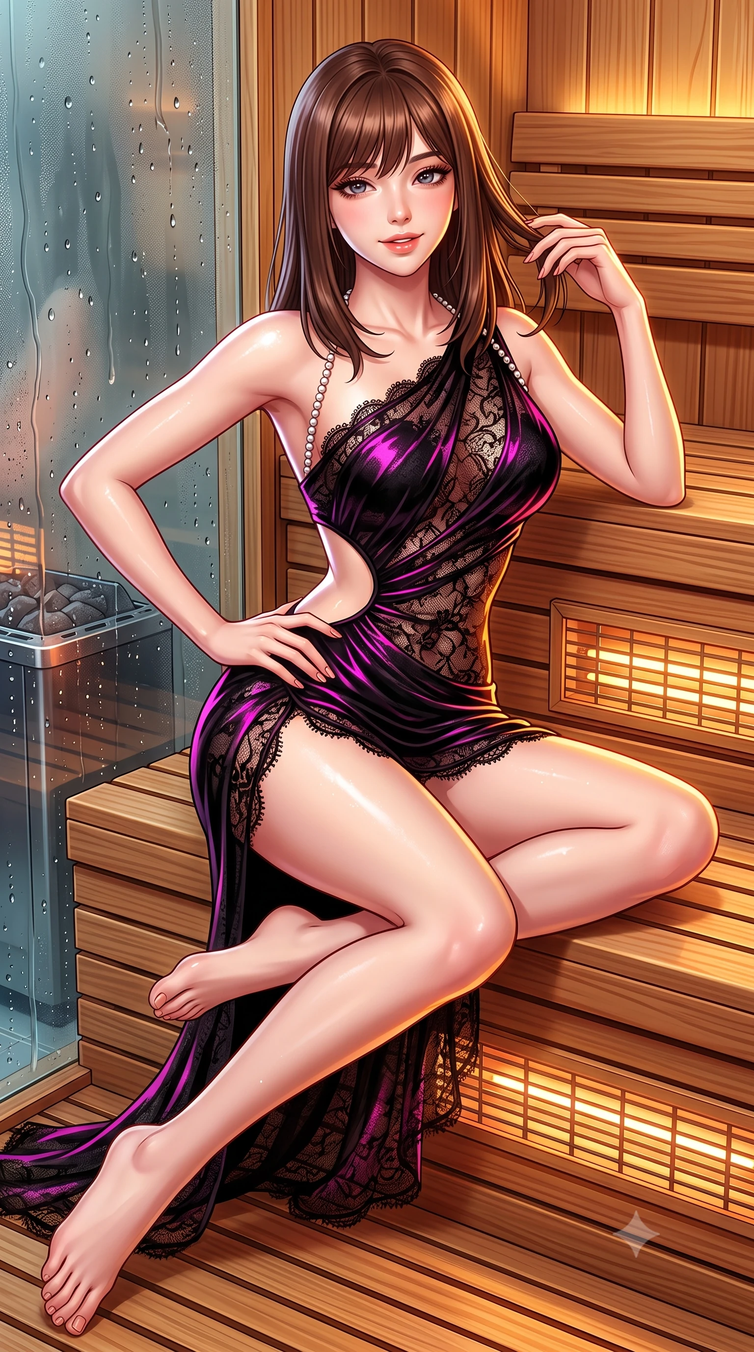 score_9, masterpiece, best quality, ultra-detailed, high-budget anime keyframe, semi-realistic 3D game render, editorial fashion photography, tasteful artistic composition, Korean woman. close-up cowboy shot from the waist and thighs up, the character dominates the composition, filling the frame with her large presence. twisting her slender torso in an alluring contrapposto stance, one hand resting on her sculpted hip while her fingers toy with her hair with effortless poise while lounging gracefully on the cedar slats with legs extended, resting on one hand while casting an enchanting, parted-lip smile toward the viewer. The surrounding environment is rendered in vivid detail and crisp panoramic clarity: sharp horizontal cedar slat grain, water condensation droplets trickling down glass, and glowing sauna heater elements in deep focus. She has an exceptionally elegant, slender, and willowy female figure with an ultra-slim waist, flat toned midriff, narrow ribcage, and sculpted feminine hips creating an alluring, slim hourglass silhouette without bulk. sharp v-shaped jawline, high-bridge nose, sparkling eyes with hypnotic seductive depth, thick curled eyelashes, glossy parted lips with a natural dewy peach sheen, alluring bedroom-eyes with an enchanting coquettish smile, exuding magnetic siren charisma and sophisticated glamour, flawlessly proportioned anatomical accuracy, strict slender model proportions, natural body alignment, perfectly sculpted long slender limbs, ultra-slim waistline, clean dynamic posture without body distortion. wearing an asymmetric one-shoulder liquid jersey gown with dramatic hip-high slit and sculptural waist cutout in wet-look onyx black with electric magenta reflections, made of delicate semi-sheer French Chantilly lace with intricate eyelash edges, accented with a pearl-drop body harness subtly framing her dewy collarbones and spine, the high-slit wrap tailoring accentuating her ultra-slim waistline and the enchanting curve of her feminine hips with alluring seductive charm. illuminated by dewy skin specular highlights and sharp golden-amber rim lights sculpting her jawline, narrow waist, and feminine hips. highly saturated vibrant anime colors, detailed shading with soft gradients, rich glossy textures, high-contrast stereoscopic depth, volumetric dynamic lighting, master piece, 9:16 ratio