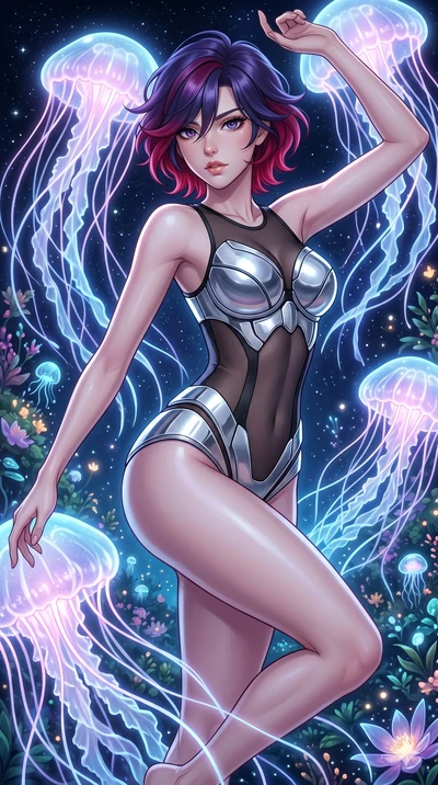 score_9, masterpiece, best quality, ultra-detailed, high-budget anime keyframe, Korean woman. upper body close-up from the thighs up, character filling the screen for maximum presence. swirling gracefully among the glowing ribbon-like tentacles of gi