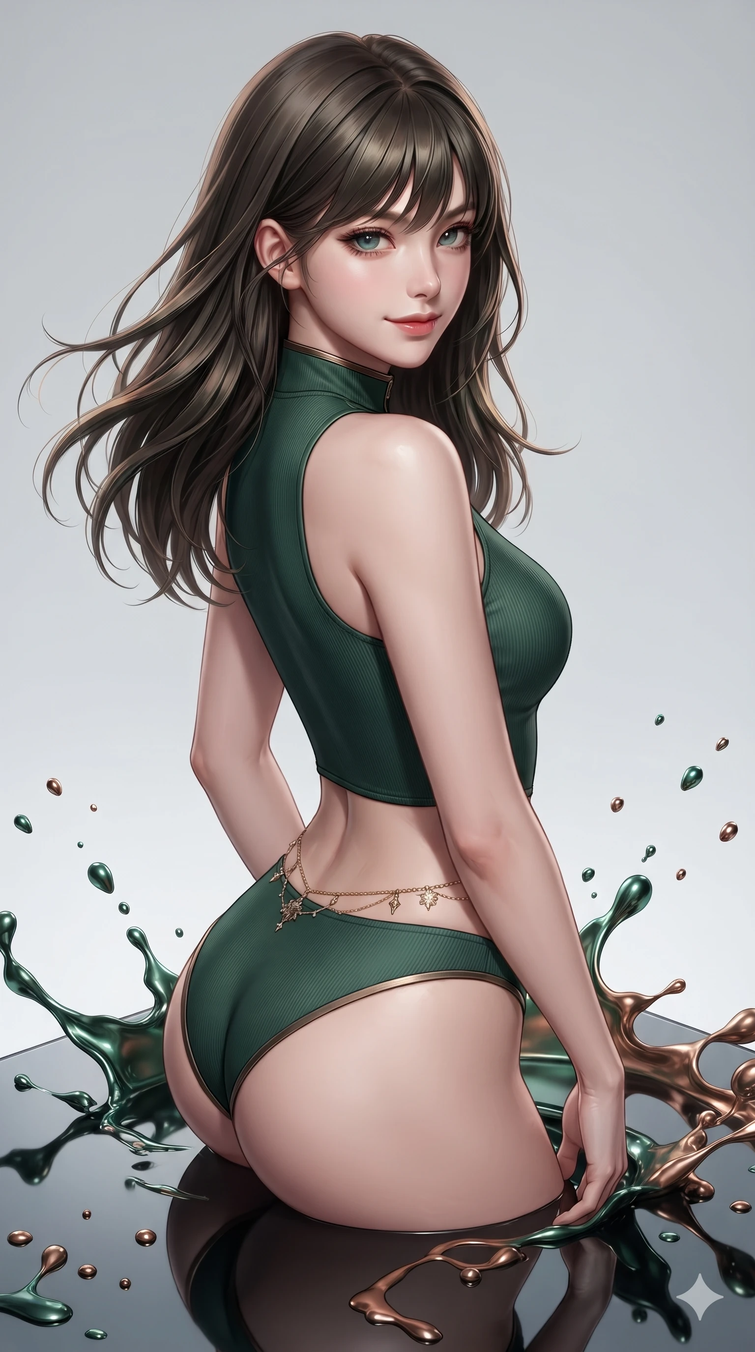 score_9, masterpiece, best quality, ultra-detailed, high-budget anime keyframe, editorial fashion photography, tasteful artistic composition, Korean woman. close-up cowboy shot from the waist and thighs up, the character dominates the composition, filling the frame with her large presence. posing in an alluring rear three-quarter angle, turning over a bare shoulder with an intoxicating, smoldering gaze while twisting her slender torso in an alluring contrapposto stance across the mirrored glass floor, dark glossy reflections contouring her waist and hips. The surrounding environment is rendered in vivid detail and crisp panoramic clarity: sharp reflective glass floor surface, frozen liquid paint splash droplets, and specular studio highlights in deep focus. She has an exceptionally elegant, slender, and willowy female figure with an ultra-slim waist, flat toned midriff, narrow ribcage, and sculpted feminine hips creating an alluring, slim hourglass silhouette without bulk. sharp v-shaped jawline, high-bridge nose, intricate jewel-like dark sparkling eyes with hypnotic seductive depth, thick curled eyelashes, glossy parted lips with a natural wine sheen, alluring bedroom-eyes with an enigmatic smoldering smile, exuding magnetic sovereign charisma and dark avant-garde glamour, flawlessly proportioned anatomical accuracy, strict slender model proportions, natural body alignment, perfectly sculpted long slender limbs, ultra-slim waistline, clean dynamic posture without body distortion. wearing a sleek high-neck ribbed activewear bodysuit in matte black in dark emerald green and antique bronze, made of fluid liquid jersey with seamless sculpting hold and smooth contours, accented with a dainty gold belly chain resting across her flat midriff and curving hips, the bespoke structured tailoring following the natural line of her 8.5-heads silhouette with refined elegance. illuminated by reflective glass floor bounce and sharp silver-mercury rim lights sculpting her razor-sharp jawline, narrow waist, and curvy hips. ultra-reflective glossy finish, specular highlights, metallic sheen, high-contrast stereoscopic depth, volumetric dynamic lighting, 2k, ultra detail, master piece, 9:16 ratio