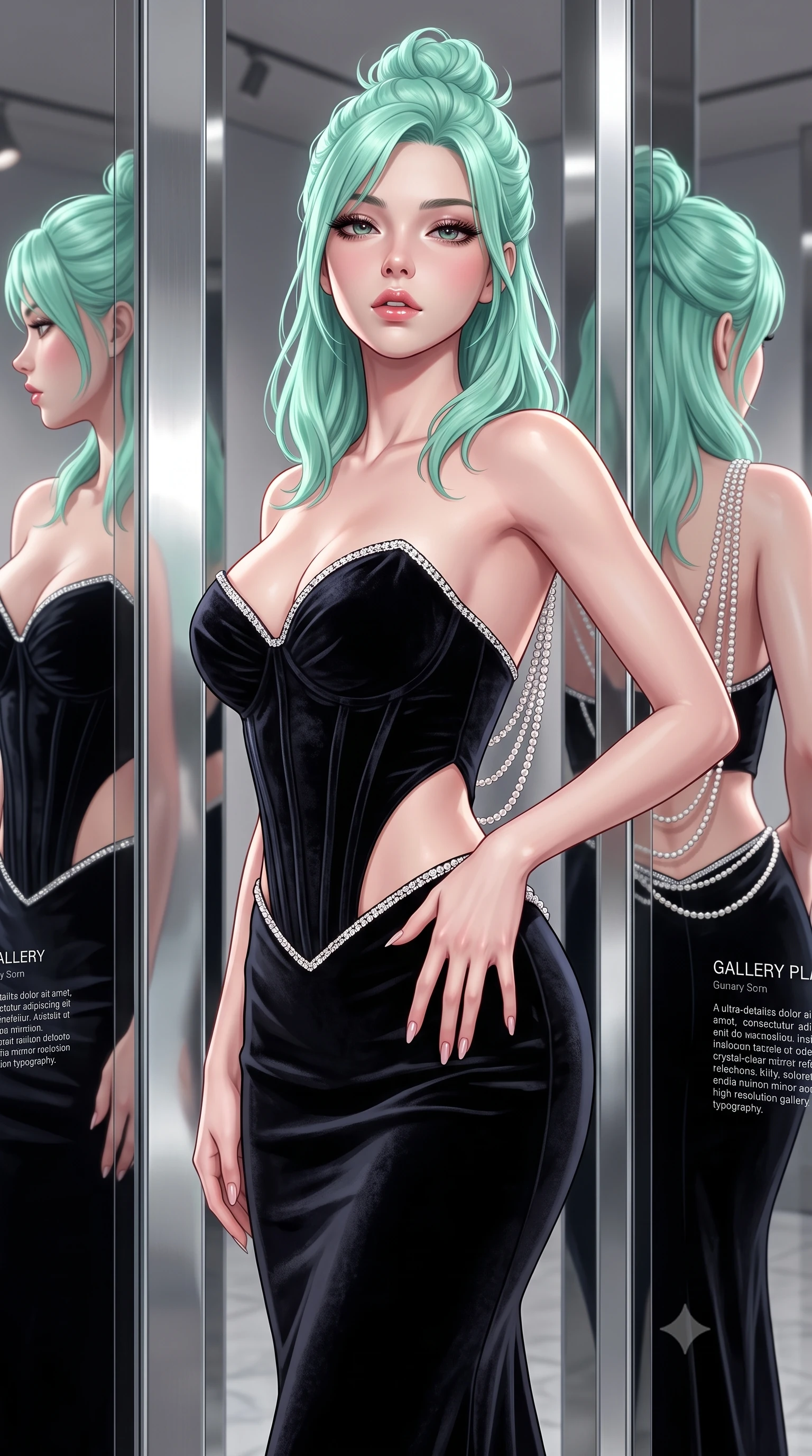 score_9, masterpiece, best quality, ultra-detailed, high-budget anime keyframe, semi-realistic 3D game render, editorial fashion photography, tasteful artistic composition, Japanese woman. close-up cowboy shot from the waist and thighs up, the character dominates the composition, filling the frame with her large presence. resting one manicured hand delicately on her hip bone, her upper body turning in a fluid, seductive S-curve while parted lips glisten in the light while standing poised between mirror-finished stainless steel columns, her graceful hourglass silhouette multiplied into infinite reflections. The surrounding environment is rendered in vivid detail and crisp panoramic clarity. detailed tailored dress seam lines, mirror reflection clarity, and gallery placard typography in high resolution. She has an exceptionally elegant, slender, and willowy female figure with an ultra-slim waist, flat toned midriff, narrow ribcage, and sculpted feminine hips creating an alluring, slim hourglass silhouette without bulk. sharp v-shaped jawline, high-bridge nose, intricate jewel-like eyes with depth, thick eyelashes, glossy parted lips with a natural sheen, intensely captivating and seductive bedroom-eyes expression, flawlessly proportioned anatomical accuracy, strict slender model proportions, natural body alignment, perfectly sculpted long slender limbs, ultra-slim waistline, clean dynamic posture without body distortion. wearing a deep sweetheart neckline crushed velvet corseted ballgown with an exposed midriff cutout in pitch-black velvet with diamond crystal trim, made of fluid silk crepe with delicate inner corsetry boning, accented with a multi-strand pearl back necklace cascading down her bare spine to her hips, the liquid-tight tailored fabric clinging flawlessly to her narrow waist and rounded feminine hips, emphasizing every millimeter of her sculpted slim hourglass curves without any bulky heaviness. illuminated by sharp linear edge highlights defining her sculpted collarbones, ultra-slim waist, and curvy hips. highly saturated vibrant anime colors, detailed shading with soft gradients, rich glossy textures, high-contrast stereoscopic depth, volumetric dynamic lighting, master piece, 9:16 ratio