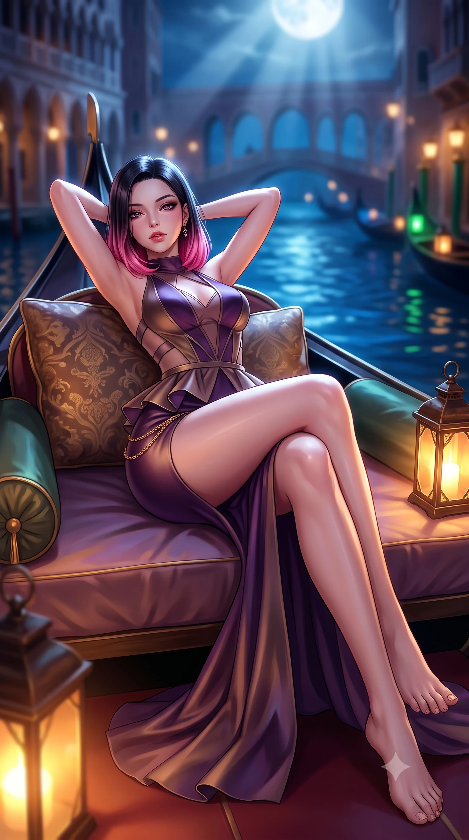 score_9, masterpiece, best quality, ultra-detailed, high-budget anime keyframe, semi-realistic 3D game render, editorial fashion photography, tasteful artistic composition, Korean woman. low angle full-body shot from head to toe showing her feet, filling the entire 9:16 vertical frame with her statuesque presence, stretching her vertical silhouette. reclining on her side in an elegant Cleopatra pose with one knee drawn up, the dramatic contour of her rounded hips and long slender legs commanding the 9:16 vertical frame while stretching languidly on the gondola daybed with hands raised behind her head, parted glossy lips reflecting flickering lantern glow. The composition keeps background elements in soft focus with creamy bokeh. moonlit Grand Canal waters and distant Venetian palazzo arches blurred into deep sapphire, antique gold, and emerald bokeh. She has an exceptionally tall and slender model-like 8.5-heads proportion, an ultra-slim waist, a flat toned midriff, narrow delicate ribcage, and beautifully sculpted feminine hips creating a graceful, slim hourglass silhouette without any bulky heaviness, with impossibly long slender legs. sharp v-shaped jawline, high-bridge nose, intricate jewel-like eyes with depth, thick eyelashes, glossy parted lips with a natural sheen, intensely captivating and seductive bedroom-eyes expression, flawlessly proportioned anatomical accuracy, strict slender model proportions, natural body alignment, perfectly sculpted long slender limbs, ultra-slim waistline, clean dynamic posture without body distortion. wearing a structural geometric peplum gown with sheer side-ribbon cutouts and form-fitting skirt in deep plum violet and antique bronze, tailored from ultra-smooth duchess satin with a pearlescent sheen, accented with a delicate gold chain belt resting loosely on her curvy hips, the second-skin form-contouring cut accentuating her sculpted flat midriff, narrow delicate ribcage, and gracefully curvy hips with supermodel precision. bathed in cool silver full-moon light streaming from above and warm amber gondola lantern uplights. highly saturated vibrant anime colors, detailed shading with soft gradients, rich glossy textures, high-contrast stereoscopic depth, volumetric dynamic lighting, master piece, 9:16 ratio