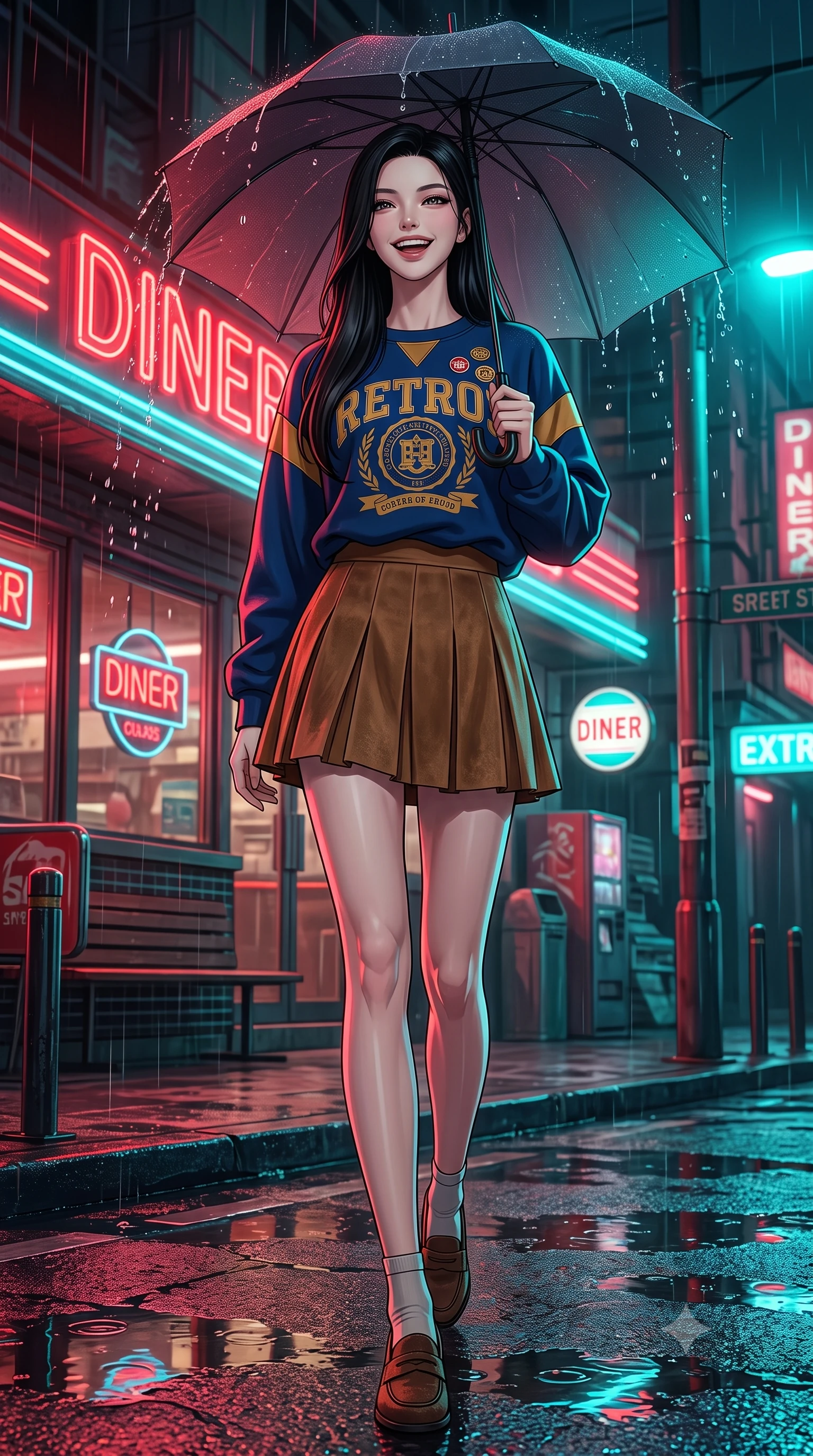 score_9, masterpiece, best quality, ultra-detailed, high-budget anime keyframe, semi-realistic 3D game render, editorial fashion photography, tasteful artistic composition, Korean woman. low angle full-body shot from head to toe showing her feet, filling the entire 9:16 vertical frame with her statuesque presence, stretching her vertical silhouette. striding forward in a proud, dynamic supermodel runway stride, her statuesque vertical silhouette commanding the entire frame while standing under the neon diner awning shaking raindrops from her umbrella with a sweet, radiant laugh. The surrounding environment is rendered in vivid detail and crisp panoramic clarity. authentic 90s film noir chiaroscuro and atmospheric retro Asian city nightlife rendered in precision. She has an absolutely perfect, statuesque 8.5-heads proportion, an exceptionally tall and slender model-like female figure with impossibly long slender legs, a toned flat midriff, and an ultra-slim waist. sharp v-shaped jawline, high-bridge nose, intricate jewel-like eyes with depth, thick eyelashes, glossy lips with a natural sheen, captivating and magnetic expression, flawlessly proportioned anatomical accuracy, strict slender model proportions, natural body alignment, perfectly sculpted long slender limbs, ultra-slim waistline, clean dynamic posture without body distortion. wearing a vibrant retro graphic oversized sweatshirt paired with a pleated tennis skirt and chunky sneakers in deep navy blue and vintage brass gold, tailored from velvety soft genuine suede with classic stitched seams, finished with retro enamel varsity pins and classic leather loafers, the liquid-tight tailored fabric emphasizing every curve of her tall, slender model proportions and sculptured silhouette during dynamic movement. bathed in rich neon red and cyan streetlamp glow bouncing off wet asphalt surfaces. highly saturated vibrant anime colors, detailed shading with soft gradients, rich glossy textures, high-contrast stereoscopic depth, volumetric dynamic lighting, master piece, 9:16 ratio