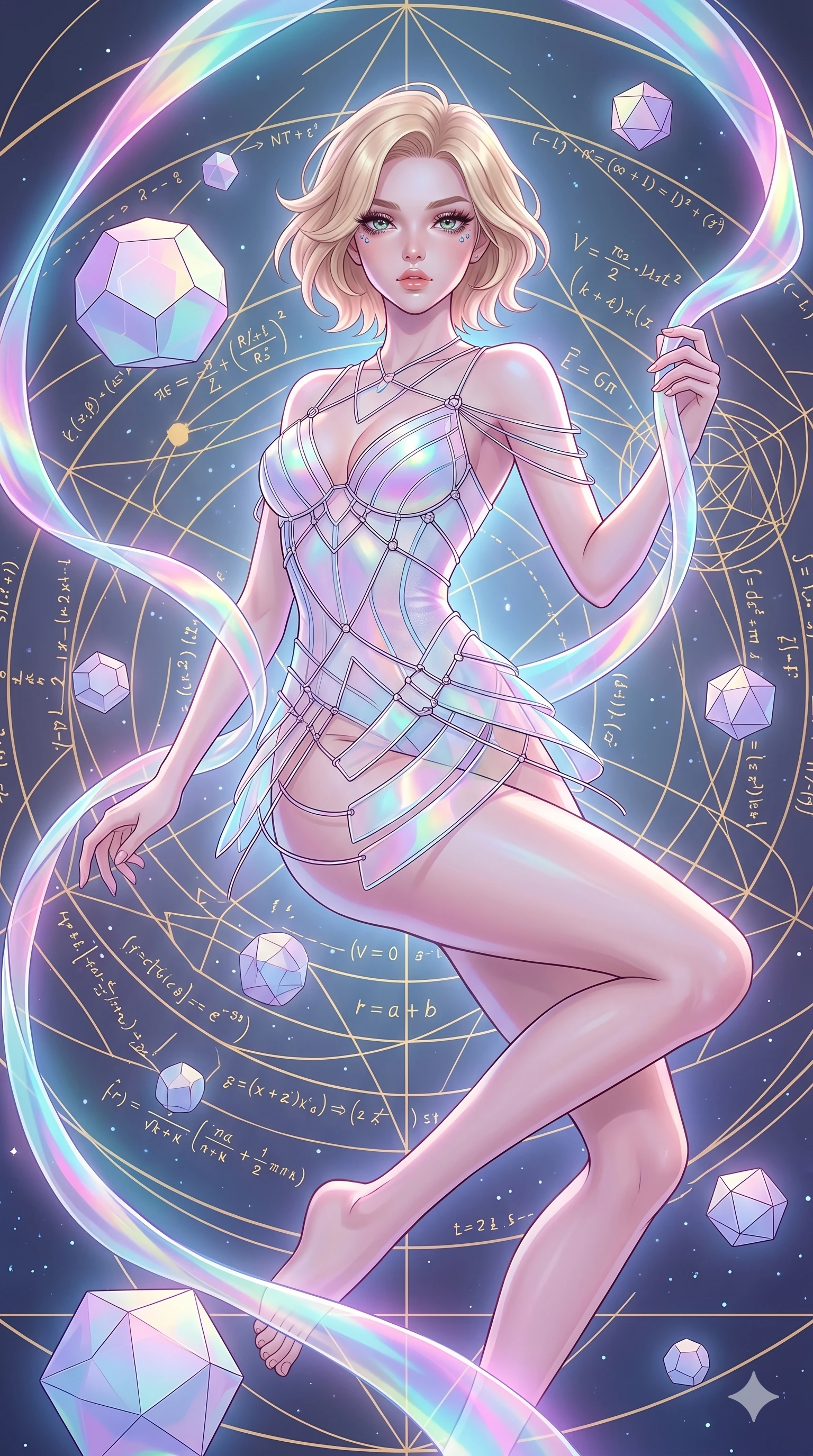 score_9, masterpiece, best quality, ultra-detailed, high-budget anime keyframe, Caucasian woman, strictly human ears. upper body close-up from the thighs up, character filling the screen for maximum presence. floating gracefully in a mathematical mandala void filled with golden geometric lines of complex formulas, holding a translucent ribbon as she glides between floating regular polyhedrons. She has an absolutely perfect 8-heads proportion, an exceptionally tall and slender female figure with impossibly long slender legs and an ultra-slim waist. V-shaped jawline, high-bridge nose, intricate jewel-like eyes with depth, thick eyelashes, glossy lips with a natural sheen.. wearing a holographic ribbon shell armor, featuring thin iridescent plates linked by wire straps over a sleek structured base layer. enhanced by a luminous pastel spectrum glow, casting elegant rim lights on her shoulders and jawline. 2k, ultra detail, master piece, 9:16 ratio