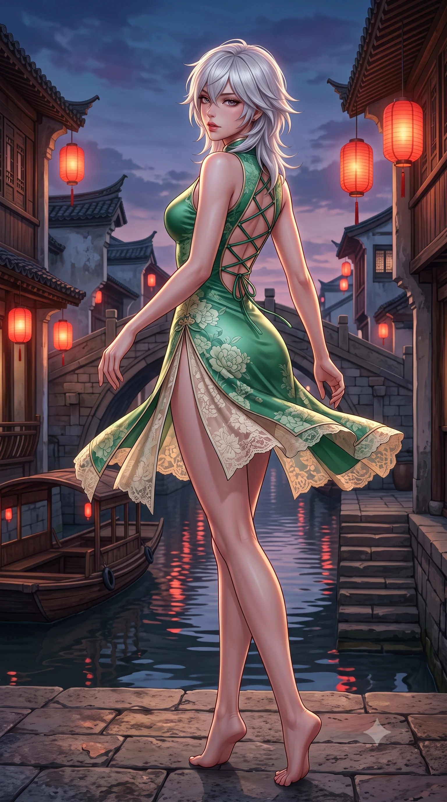 score_9, masterpiece, best quality, ultra-detailed, high-budget anime keyframe, semi-realistic 3D game render, editorial fashion photography, tasteful artistic composition, Japanese woman. low angle full-body shot from head to toe showing her feet, filling the entire 9:16 vertical frame with her statuesque presence, stretching her vertical silhouette. executing a graceful dancer pivot turn as her layered silk chima skirt flutters around her slender legs, glancing over her shoulder with an intoxicating bedroom-gaze while twisting her slender torso in an alluring S-curve, red lantern reflections and water caustics rippling across her narrow waist and curvy hips. The surrounding environment is rendered in vivid detail and crisp panoramic clarity: detailed silk satin weave, glowing lantern highlights on skin, and historic Chinese water village architecture in high resolution. She has an absolutely perfect, statuesque 8.5-heads proportion, an exceptionally tall and slender model-like female figure with impossibly long slender legs, an ultra-slim waist, a flat toned midriff, narrow delicate ribcage, and beautifully sculpted feminine hips creating a graceful, slim hourglass silhouette without any bulky heaviness. sharp v-shaped jawline, high-bridge nose, intricate jewel-like dark sparkling almond eyes with depth, thick lashes, glossy parted lips with a natural rose-plum sheen, bright alluring and coquettish smile with bedroom-eyes, exuding both timeless oriental elegance and sovereign high-fashion allure, flawlessly proportioned anatomical accuracy, strict slender model proportions, natural body alignment, perfectly sculpted long slender limbs, ultra-slim waistline, clean dynamic posture without body distortion. wearing a sleeveless modern qipao top with an elegant teardrop chest keyhole cutout paired with a curve-hugging pleated mini skirt in fresh bamboo emerald and soft oatmeal cream, woven from delicate semi-opaque floral lace with oriental peony patterns, finished with criss-cross back satin laces tracing her slender spine, the precision-cut side hip slits and low-back scoop framing her graceful spine and the sensual sweep of her slim, toned hips. illuminated by red lantern glow and sharp amber-gold rim lights defining her sculpted collarbones, ultra-slim waist, and curvy hips. highly saturated vibrant anime colors, detailed shading with soft gradients, rich glossy textures, high-contrast stereoscopic depth, volumetric dynamic lighting, master piece, 9:16 ratio