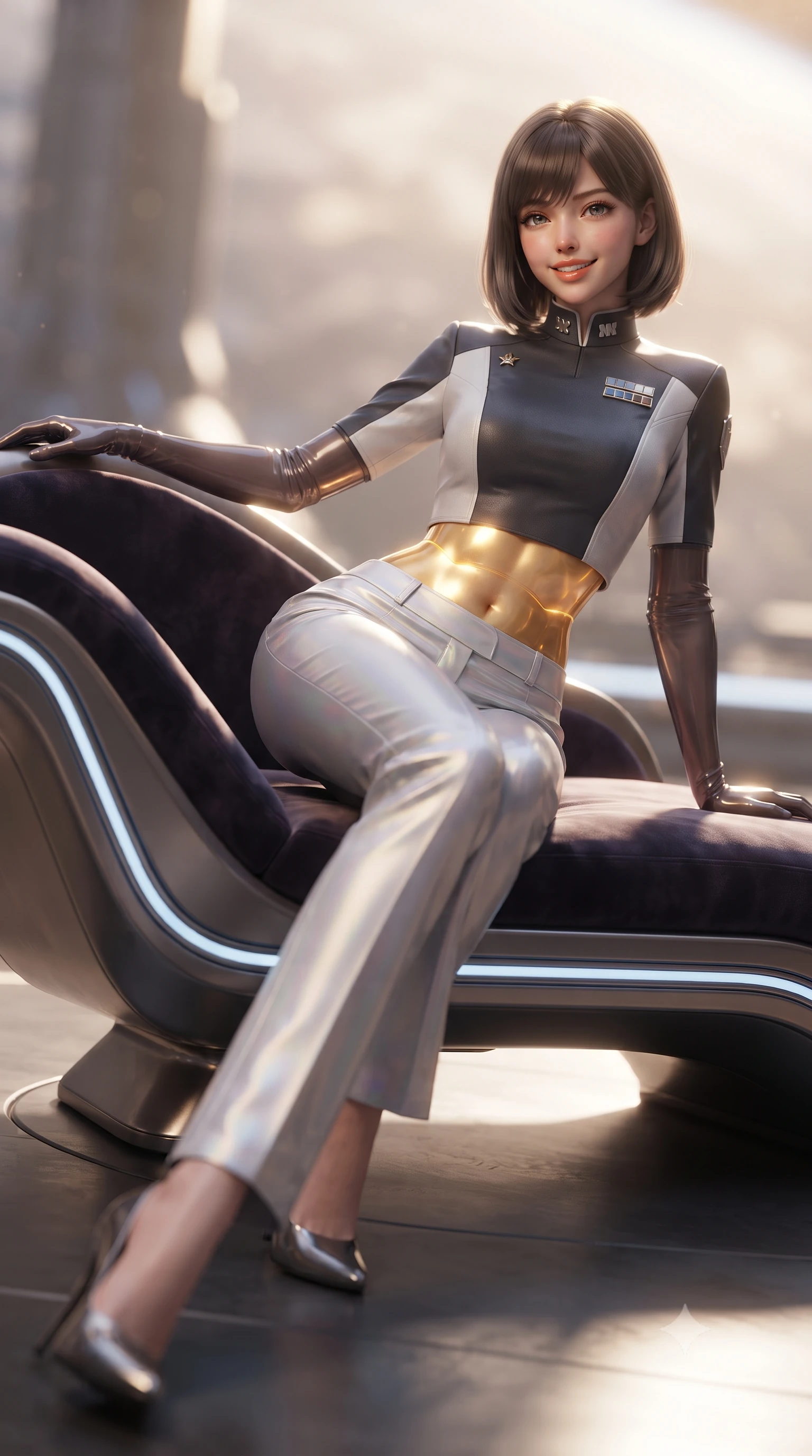 score_9, masterpiece, best quality, ultra-detailed, high-budget anime keyframe, editorial fashion photography, tasteful artistic composition, Caucasian woman. low angle full-body shot from head to toe showing her feet, filling the entire 9:16 vertical frame with her statuesque presence, stretching her vertical silhouette. reclining gracefully across the plush chaise lounge with one leg extended, her sculpted silhouette and flat midriff radiating magnetic nocturnal glamour while twisting her slender torso in an alluring S-curve, intense solar radiation filters painting golden highlights across her flat midriff and hips. The background shows a soft-focus solar flare ionization haze softened in orbital spire platform shallow focus. She has an exceptionally tall and slender model-like 8.5-heads proportion, an ultra-slim waist, a flat toned midriff, narrow delicate ribcage, and beautifully sculpted feminine hips creating a graceful, slim hourglass silhouette without any bulky heaviness, with impossibly long slender legs. sharp v-shaped jawline, high-bridge nose, intricate jewel-like sparkling eyes with depth, thick eyelashes, glossy parted lips with a natural peach sheen, bright cheerful beaming smile with an enchanting and coquettish sensual glint, exuding both youthful cute charm and seductive allure, flawlessly proportioned anatomical accuracy, strict slender model proportions, natural body alignment, perfectly sculpted long slender limbs, ultra-slim waistline, clean dynamic posture without body distortion. wearing a tailored orbital colony command uniform in dark grey and white paneling with rank insignia pins and tailored straight-leg trousers in iridescent mother-of-pearl and liquid molten silver, tailored from high-density tech-wool with subtle metallic thread weave, complemented by sheer opera-length evening gloves tracing her slender arms, the bespoke structured tailoring following the natural line of her 8.5-heads silhouette with refined elegance. bathed in the blinding warm golden 3500K solar radiance filtered through polarizing helmet smart-glass. ultra-reflective glossy finish, specular highlights, rich textural contrasts, high-contrast stereoscopic depth, volumetric dynamic lighting, 2k, ultra detail, master piece, 9:16 ratio