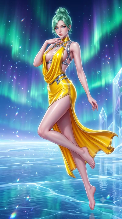 score_9, masterpiece, best quality, ultra-detailed, high-budget anime keyframe, semi-realistic 3D game render, editorial fashion photography, tasteful artistic composition, Japanese woman. low angle full-body shot from head to toe showing her feet, f