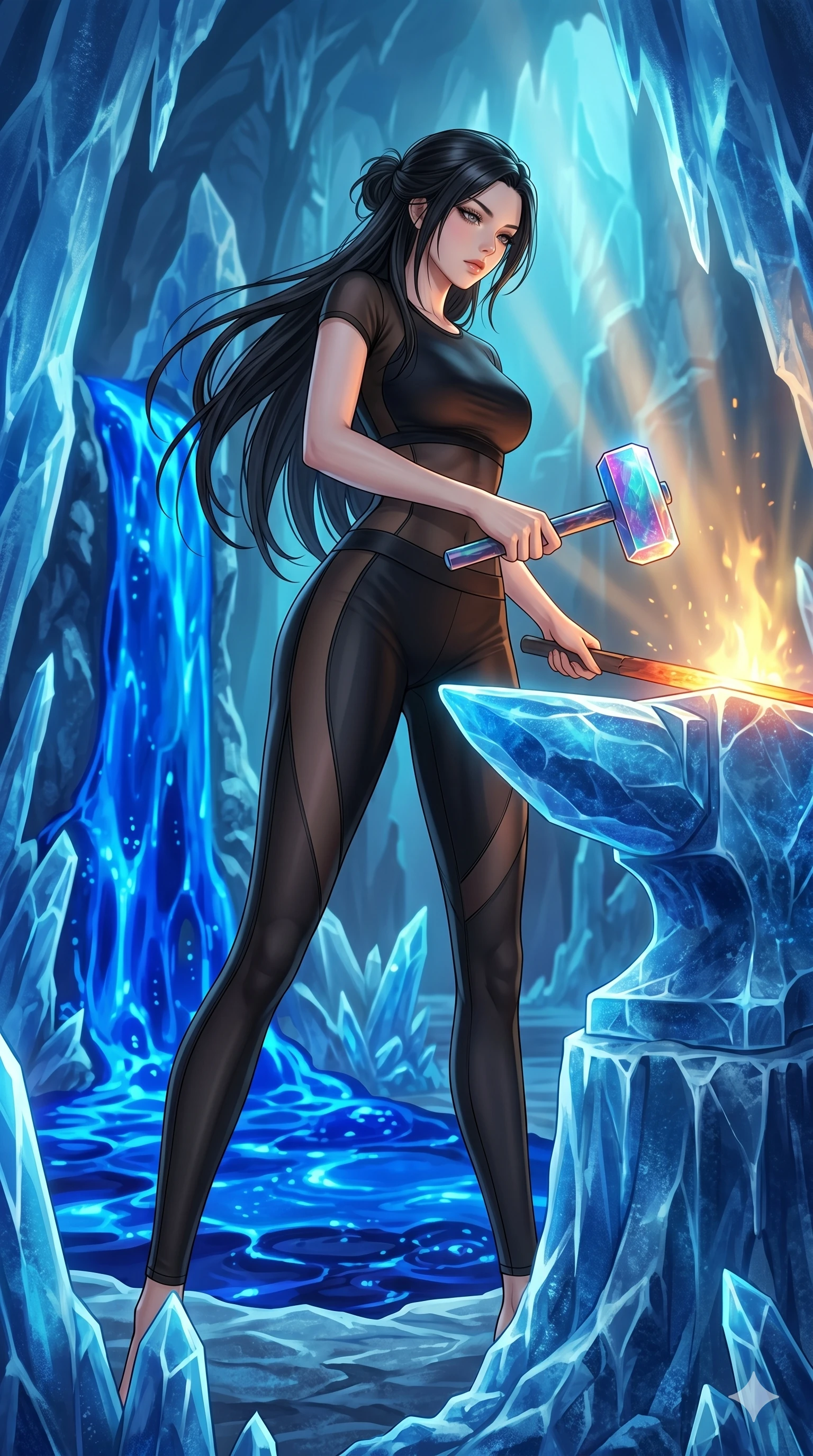 score_9, masterpiece, best quality, ultra-detailed, high-budget anime keyframe, Japanese woman. low angle full-body shot filling the entire 9:16 frame with her statuesque presence, stretching the vertical silhouette. forging in a prismatic ice-volcano temple where glowing cobalt-blue liquid magma flows between frozen blue ash crystals. She has an absolutely perfect 8-heads proportion, an exceptionally tall and slender female figure with impossibly long slender legs and an ultra-slim waist. V-shaped jawline, high-bridge nose, intricate jewel-like eyes with depth, thick eyelashes, glossy lips with a natural sheen.. wearing a sheer mesh athleisure set, featuring a tight matte black top and leggings with semi-opaque mesh panels tracing the curves of her waist and thighs. showcasing a beautiful play of light and shadow, with warm golden rays clashing against cool cyan highlights. 2k, ultra detail, master piece, 9:16 ratio