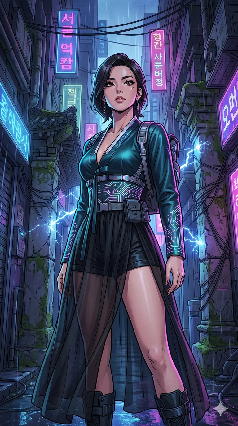 score_9, masterpiece, best quality, ultra-detailed, high-budget anime movie keyframe, cinematic anime lighting, intricate line art, Korean woman. Low angle cowboy shot filling the entire 9:16 frame with her statuesque presence. exploring lost ruins in a neon-lit cyberpunk alleyway with lightning lasers. She has an absolutely perfect 8-heads proportion, an exceptionally tall and slender female figure with an ultra-slim waist and impossibly long slender legs. sharp v-shaped jawline, high-bridge nose, intricate jewel-like eyes, thick eyelashes, glossy lips. Wearing modernized deep-plunging silk hanbok-fusion with metallic straps, a high-slit sheer skirt over micro-shorts, and holographic embroidered patterns. The scene is illuminated by dramatic atmospheric lighting and vibrant color palettes. , 2k, ultra detail, master piece, 9:16 ratio
