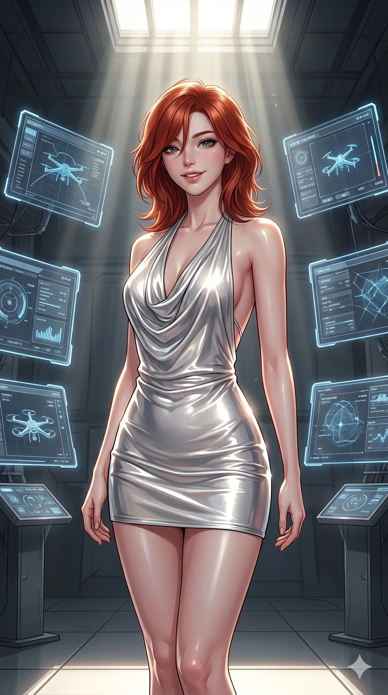 score_9, masterpiece, best quality, ultra-detailed, high-budget anime keyframe, editorial fashion photography, tasteful artistic composition, Korean woman. cowboy shot from the thighs up, character and outfit filling the frame for maximum editorial presence. Smiling with quiet, magnetic self-assurance, her gaze holding the viewer in place inside a futuristic drone command center filled with floating holographic screens, with a quiet silence hanging over the sacred ground. She has an absolutely perfect 8-heads proportion, an exceptionally tall and slender female figure with impossibly long slender legs and an ultra-slim waist. V-shaped jawline, high-bridge nose, intricate jewel-like eyes with depth, thick eyelashes, glossy lips with a natural sheen. wearing a high-gloss liquid platinum halter mini dress with a draped cowl neck and an open-back design. drenched in cinematic god-ray sunlight descending from above, illuminating her form with bright highlights. 2k, ultra detail, master piece, 9:16 ratio