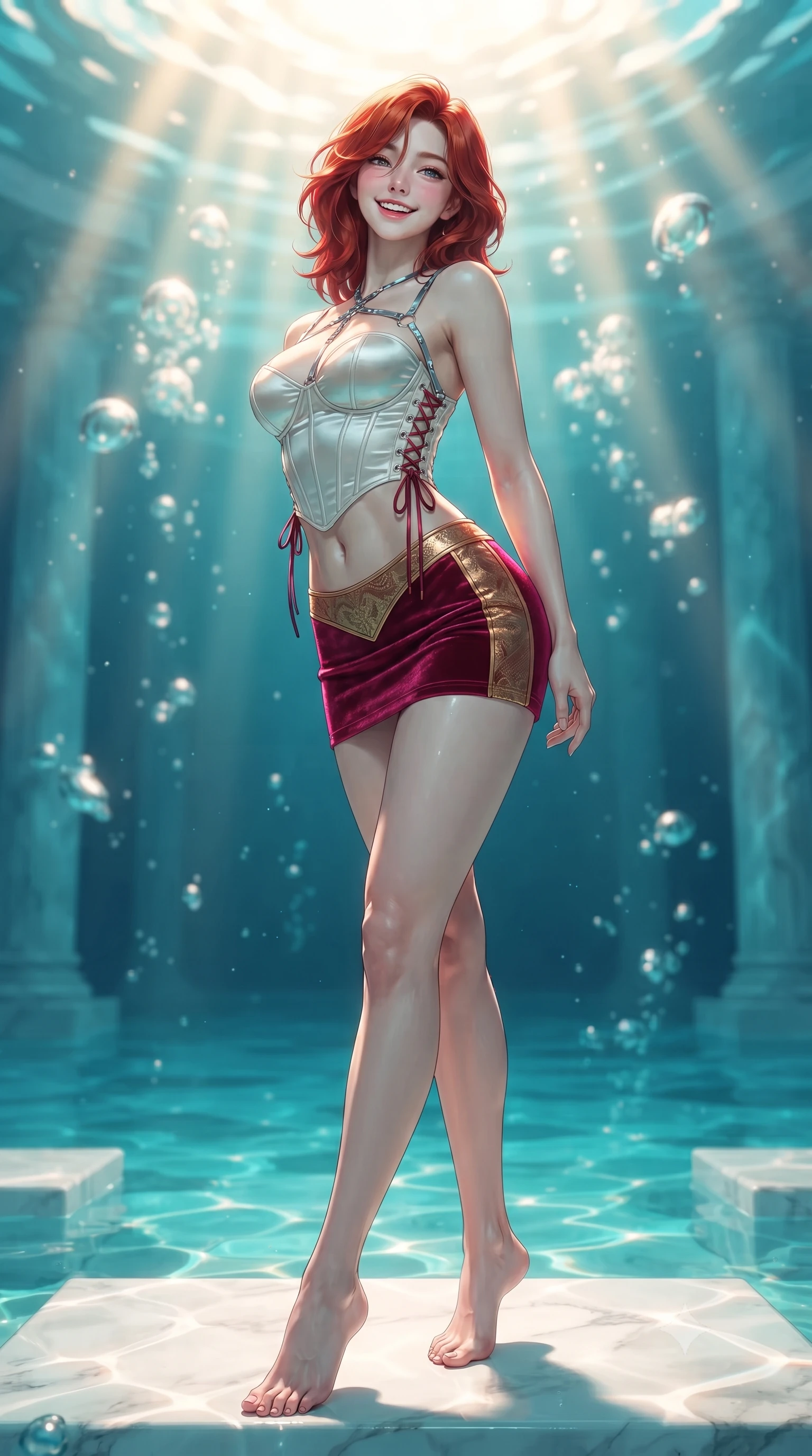 score_9, masterpiece, best quality, ultra-detailed, high-budget anime keyframe, editorial fashion photography, tasteful artistic composition, Korean woman. low angle full-body shot from head to toe showing her feet, filling the entire 9:16 vertical frame with her statuesque presence, stretching her vertical silhouette. posing in a classic haute-couture S-curve stance beside the floor-to-ceiling window, looking over a bare shoulder with magnetic presence while standing poised on the submerged white marble temple step as brilliant golden sunbeams penetrate the turquoise water cavern, arching her spine with sovereign supermodel poise. The background shows a soft-focus rising crystal micro-bubbles softened in sunken temple cavern shallow focus. She has an exceptionally tall and slender model-like 8.5-heads proportion, an ultra-slim waist, a flat toned midriff, narrow delicate ribcage, and beautifully sculpted feminine hips creating a graceful, slim hourglass silhouette without any bulky heaviness, with impossibly long slender legs. sharp v-shaped jawline, high-bridge nose, intricate jewel-like sparkling eyes with depth, thick eyelashes, glossy parted lips with a natural peach sheen, bright cheerful beaming smile with an enchanting and coquettish sensual glint, exuding both youthful cute charm and seductive allure, flawlessly proportioned anatomical accuracy, strict slender model proportions, natural body alignment, perfectly sculpted long slender limbs, ultra-slim waistline, clean dynamic posture without body distortion. wearing a sculpted satin underwire crop corset with lace-up side ties paired with a low-rise micro skirt in royal opera crimson velvet and burnished gold, woven from structured carbon-fiber jacquard with rich textural depth, accented with a chrome-drop body harness subtly framing her dewy collarbones and spine, the precision-cut side openings and low-back scoop framing her graceful spine and the sensual sweep of her slim, toned hips. illuminated by submerged marble reflection bounce and sharp golden-cyan rim lights sculpting her jawline, narrow waist, and curvy hips. ultra-reflective glossy finish, specular highlights, rich textural contrasts, high-contrast stereoscopic depth, volumetric dynamic lighting, 2k, ultra detail, master piece, 9:16 ratio