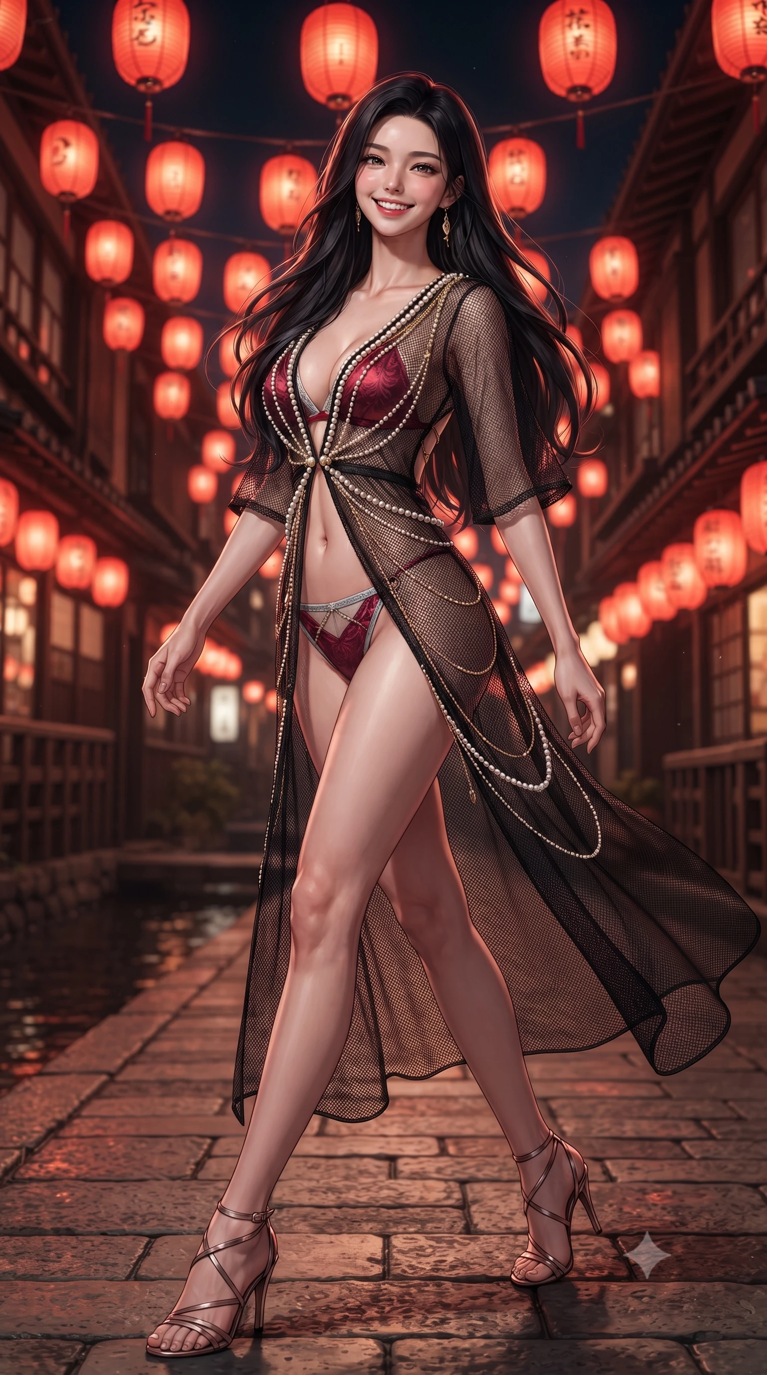 score_9, masterpiece, best quality, ultra-detailed, high-budget anime keyframe, editorial fashion photography, tasteful artistic composition, Korean woman. low angle full-body shot from head to toe showing her feet, filling the entire 9:16 vertical frame with her statuesque presence, stretching her vertical silhouette. stepping forward in a confident stride, her long slender legs and curvaceous hips creating a dynamic, sweeping vertical line while twisting her slender torso in an alluring contrapposto stance, hanging red paper lanterns casting warm crimson reflections across her flat midriff. The background shows a soft-focus hanging paper lanterns softened in historic Kyoto riverfront nocturne shallow focus. She has an exceptionally tall and slender model-like 8.5-heads proportion, an ultra-slim waist, a flat toned midriff, narrow delicate ribcage, and beautifully sculpted feminine hips creating a graceful, slim hourglass silhouette without any bulky heaviness, with impossibly long slender legs. sharp v-shaped jawline, high-bridge nose, intricate jewel-like sparkling eyes with depth, thick eyelashes, glossy parted lips with a natural peach sheen, bright cheerful beaming smile with an enchanting and coquettish sensual glint, exuding both youthful cute charm and seductive allure, flawlessly proportioned anatomical accuracy, strict slender model proportions, natural body alignment, perfectly sculpted long slender limbs, ultra-slim waistline, clean dynamic posture without body distortion. wearing a provocative plunge-front sheer mesh caftan with delicate pearl beading worn open over micro satin lingerie in Venetian baroque ruby red and antique starlight silver, woven from stretch metallic lurex jersey casting radiant starlight glints across her curves, accented with an open-back drape framed by falling strands of delicate gold chains, the precision-cut side openings and low-back scoop framing her graceful spine and the sensual sweep of her slim, toned hips. illuminated by river water specular highlights and sharp rose-gold rim lights defining her razor-sharp jawline, narrow waist, and curvy hips. ultra-reflective glossy finish, specular highlights, rich textural contrasts, high-contrast stereoscopic depth, volumetric dynamic lighting, 2k, ultra detail, master piece, 9:16 ratio
