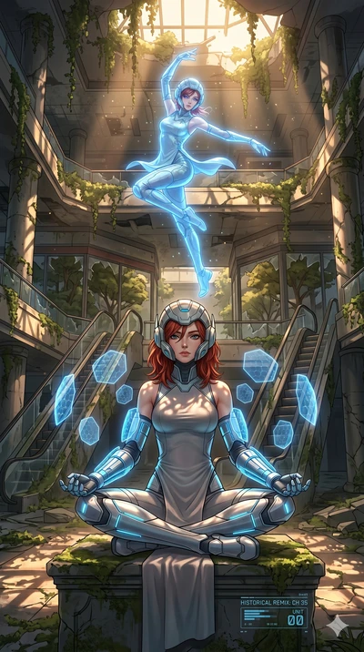 score_9, masterpiece, best quality, ultra-detailed, Set A: High-budget Anime Keyframe, Korean woman. Low angle cowboy shot filling the entire 9:16 frame with her statuesque presence. Theme: Historical Remix. meditating in a ruined overgrown shopping 