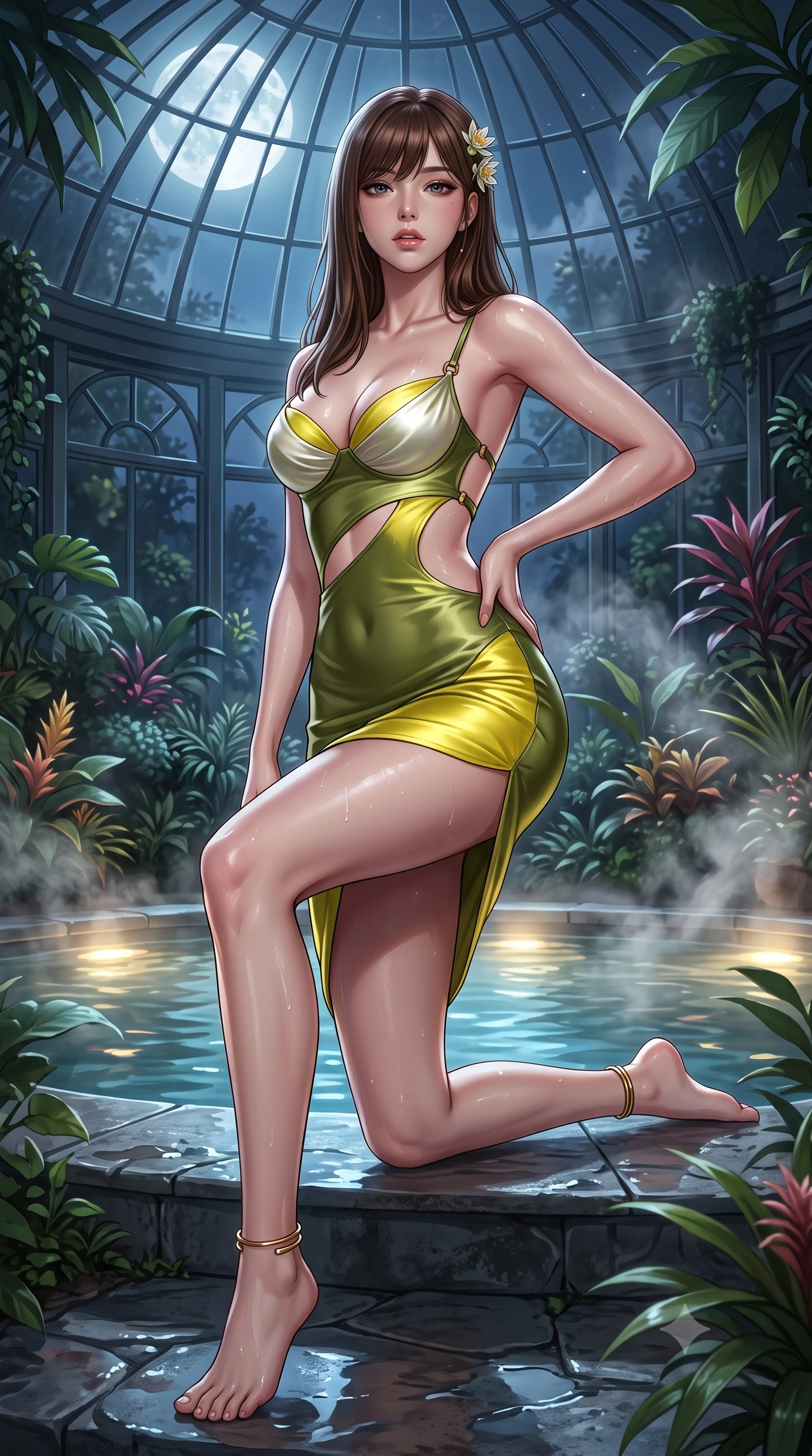 score_9, masterpiece, best quality, ultra-detailed, high-budget anime keyframe, semi-realistic 3D game render, editorial fashion photography, tasteful artistic composition, Korean woman. low angle full-body shot from head to toe showing her feet, filling the entire 9:16 vertical frame with her statuesque presence, stretching her vertical silhouette. striding forward in a proud supermodel runway stride, hips swaying in an alluring kinetic rhythm that accentuates her curvy hourglass silhouette while kneeling gracefully on a wet stone pool step with one hand on her hip, thermal steam rising to caress her feminine curves. The surrounding environment is rendered in vivid detail and crisp panoramic clarity. lush nocturnal greenhouse chiaroscuro and enchanted botanical sanctuary aesthetics in precision. She has an absolutely perfect, statuesque 8.5-heads proportion, an exceptionally tall and slender model-like female figure with impossibly long slender legs, a toned flat midriff, an ultra-slim waist, and beautifully sculpted feminine hips. sharp v-shaped jawline, high-bridge nose, intricate jewel-like eyes with depth, thick eyelashes, glossy parted lips with a natural sheen, intensely captivating and seductive bedroom-eyes expression, flawlessly proportioned anatomical accuracy, strict slender model proportions, natural body alignment, perfectly sculpted long slender limbs, ultra-slim waistline, clean dynamic posture without body distortion. wearing a sculpted mother-of-pearl bustier dress with curved diagonal midriff cutouts and brass hardware in olive leaf green and bright solar yellow, tailored from smooth liquid silk satin adhering seamlessly to her wet skin, accessorized with delicate water-lily hairpins and minimalist gold ankle cuffs, the precision-cut side openings and low-back scoop framing her graceful spine and the sensual sweep of her hips. bathed in cool silver moonlight filtering through the glass dome and warm underwater pool uplights. highly saturated vibrant anime colors, detailed shading with soft gradients, rich glossy textures, high-contrast stereoscopic depth, volumetric dynamic lighting, master piece, 9:16 ratio