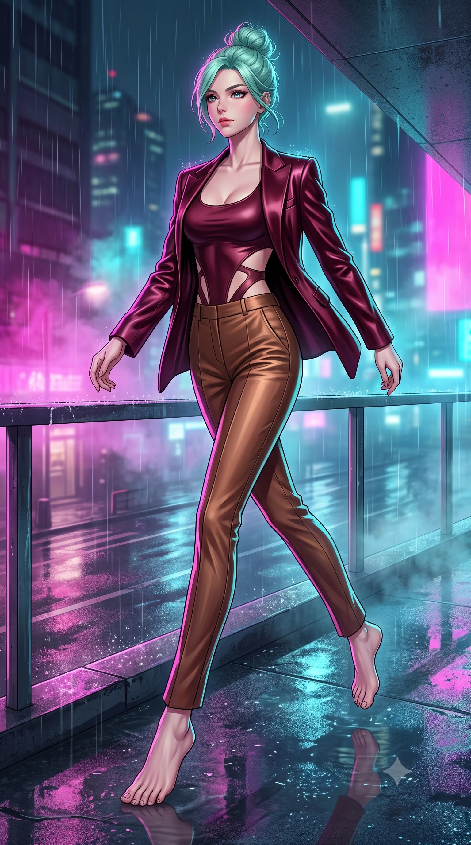 score_9, masterpiece, best quality, ultra-detailed, high-budget anime keyframe, editorial fashion photography, tasteful artistic composition, Japanese woman. low angle full-body shot from head to toe showing her feet, filling the entire 9:16 vertical frame with her statuesque presence, stretching her vertical silhouette. stepping forward in a proud dynamic stride, her vertical silhouette filling the frame with statuesque presence while leaping across a rain-slicked balcony as wet asphalt below reflects city lights, soft urban mist scattering vibrant magenta and cyan neon rim light around her form. She has an absolutely perfect, statuesque 8.5-heads proportion, an exceptionally tall and slender model-like female figure with impossibly long slender legs and an ultra-slim waist. sharp v-shaped jawline, high-bridge nose, intricate jewel-like eyes with depth, thick eyelashes, glossy lips with a natural sheen, flawlessly proportioned anatomical accuracy, natural body alignment, perfectly sculpted elegant limbs, clean dynamic posture without body distortion. wearing a tailored silk blazer over a form-contouring scoop-neck top and slacks in deep burgundy and bronze, crafted from smooth liquid silk, featuring clean architectural cutouts along her slender torso, the form-contouring material highlighting her ultra-slim waist and long lines. surrounded by a vibrant, atmospheric city glow with glistening raindrops. highly saturated vibrant anime colors, detailed shading with soft gradients, rich glossy textures, high-contrast stereoscopic depth, volumetric dynamic lighting, master piece, 9:16 ratio