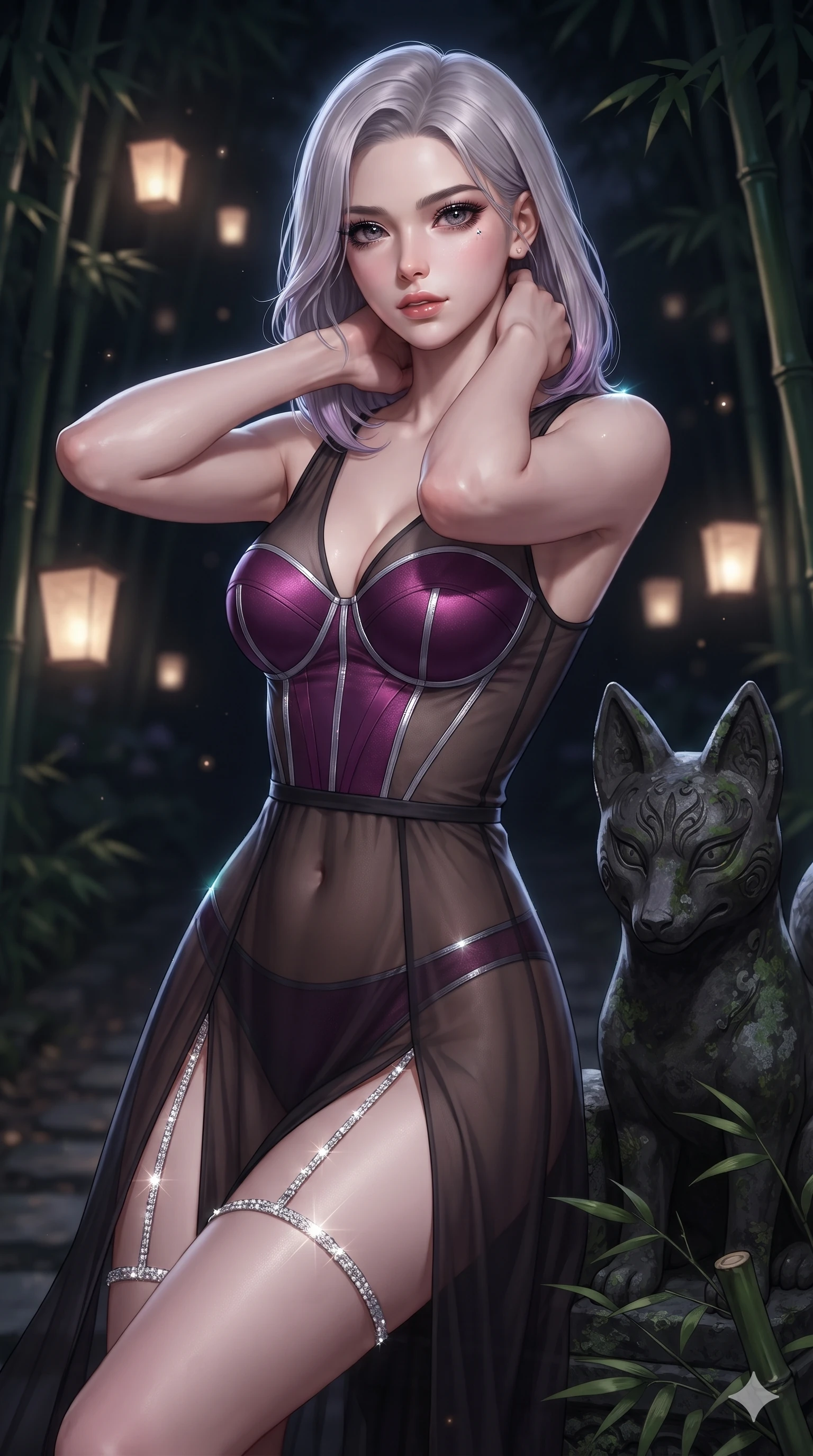 score_9, masterpiece, best quality, ultra-detailed, high-budget anime keyframe, editorial fashion photography, tasteful artistic composition, Caucasian woman. close-up cowboy shot from the waist and thighs up, the character dominates the composition, filling the frame with her large presence. resting both hands lightly behind her neck with elbows raised, arching her spine to highlight her narrow waist and flat midriff while resting near a dark stone fox statue illuminated by floating spirit lanterns, shadowy bamboo stalks framing the dark path in soft focus. The surrounding environment is rendered in vivid detail and crisp panoramic clarity: sharp carved stone fox facial contours, green lichen textures, and slender black bamboo node rings in deep focus. She has an exceptionally elegant, slender, and willowy female figure with an ultra-slim waist, flat toned midriff, narrow ribcage, and sculpted feminine hips creating an alluring, slim hourglass silhouette without bulk. sharp v-shaped jawline, high-bridge nose, intricate jewel-like dark sparkling eyes with hypnotic seductive depth, thick curled eyelashes, glossy parted lips with a natural wine sheen, alluring bedroom-eyes with an enigmatic smoldering smile, exuding magnetic sovereign charisma and dark avant-garde glamour, flawlessly proportioned anatomical accuracy, strict slender model proportions, natural body alignment, perfectly sculpted long slender limbs, ultra-slim waistline, clean dynamic posture without body distortion. wearing a semi-opaque sheer dark chiffon gown revealing a structured bodice silhouette in royal amaranth purple and liquid platinum, woven from fine semi-opaque stretch illusion mesh tracing every contour of her figure, finished with delicate crystal-encrusted thigh garter straps glinting in the laser glare, accentuating her gracefully sculpted slender torso and statuesque proportions. illuminated by spirit lantern cold ground bounce and sharp silver-cyan rim lights defining her razor-sharp jawline, narrow waist, and curvy hips. ultra-reflective glossy finish, specular highlights, metallic sheen, high-contrast stereoscopic depth, volumetric dynamic lighting, 2k, ultra detail, master piece, 9:16 ratio