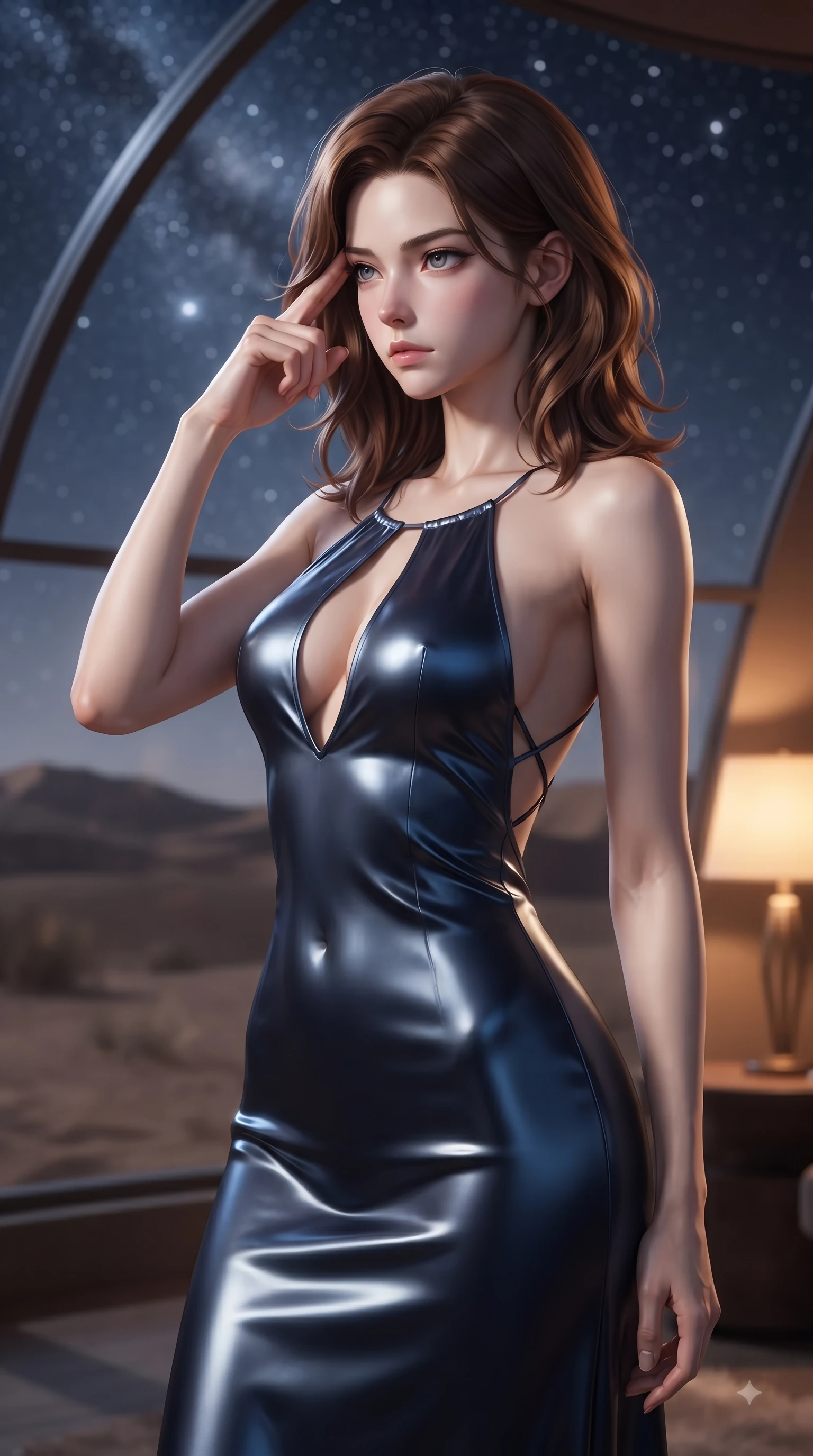 score_9, masterpiece, best quality, ultra-detailed, high-budget anime keyframe, editorial fashion photography, tasteful artistic composition, Korean woman woman. close-up cowboy shot from the waist and thighs up, the character dominates the composition, filling the frame with her large presence, background elements kept in soft focus. She has an exceptionally elegant, slender, and willowy female figure with an ultra-slim waist, a gracefully sculpted slender torso, and a refined silhouette. pressing two fingers to her temple in a composed gesture, gazing past the camera with sharp focus, flawlessly proportioned anatomical accuracy, natural body alignment, perfectly sculpted elegant limbs, clean dynamic posture without body distortion. set against a soft-focus background of a luxury eco-dome suite in a golden sand desert under stars. wearing a plunging keyhole neck silk slip dress with an open-back design and cross-strap detailing. bathed in cool silver starlight contrasting with warm interior amber reading lamps. ultra-reflective glossy finish, specular highlights, metallic sheen, high-contrast stereoscopic depth, volumetric dynamic lighting, 2k, ultra detail, master piece, 9:16 ratio