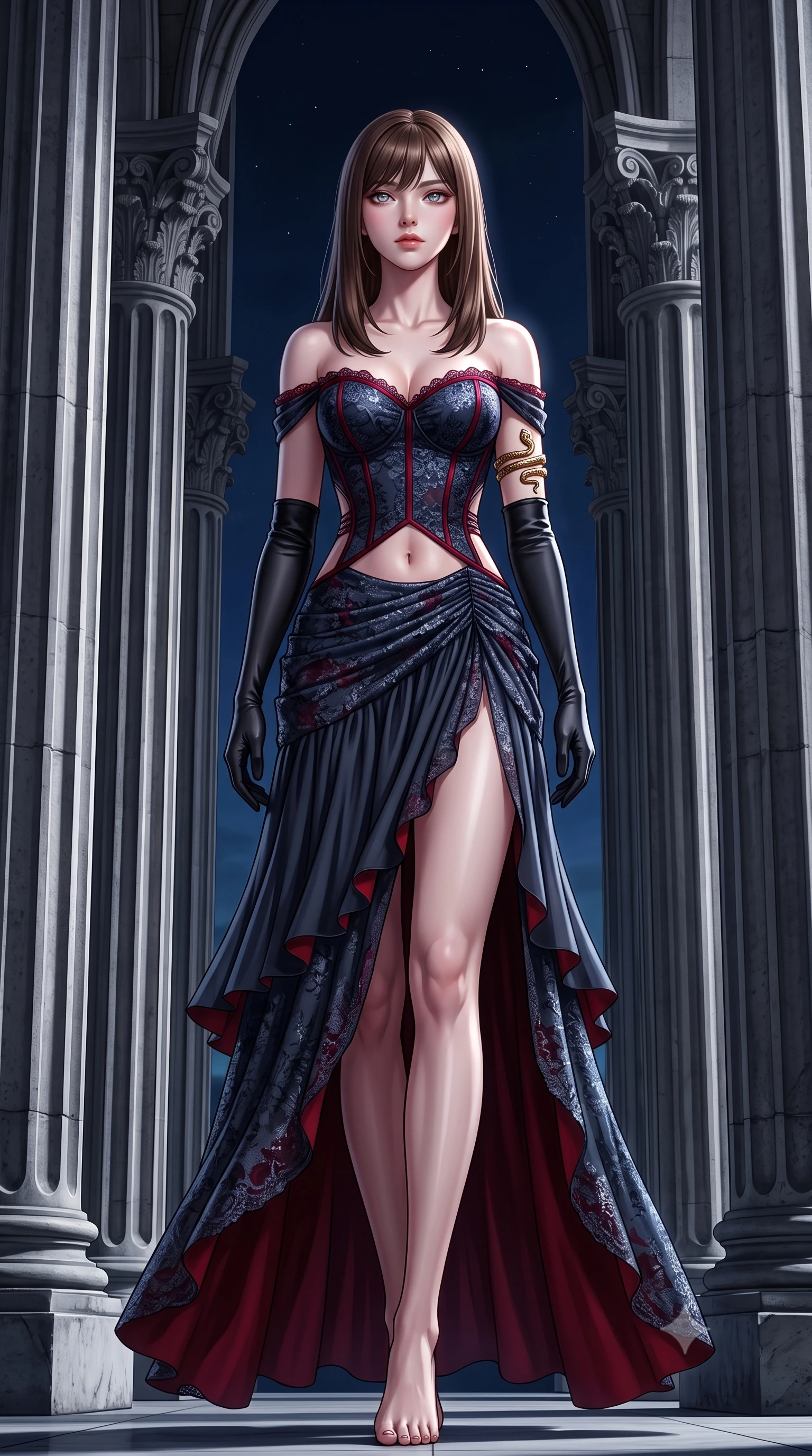 score_9, masterpiece, best quality, ultra-detailed, high-budget anime keyframe, semi-realistic 3D game render, editorial fashion photography, tasteful artistic composition, Korean woman. low angle full-body shot from head to toe showing her feet, filling the entire 9:16 vertical frame with her statuesque presence, stretching her vertical silhouette. striding forward in a proud, dynamic supermodel runway stride, hips swaying in an alluring kinetic rhythm that stretches her silhouette while standing poised between towering fluted stone columns, eyes glowing with hypnotic intensity under the velvet night sky. The surrounding environment is rendered in vivid detail and crisp panoramic clarity. monumental high-contrast gothic chiaroscuro and sacred nocturnal architecture in sharp clarity. She has an absolutely perfect, statuesque 8.5-heads proportion, an exceptionally tall and slender model-like female figure with impossibly long slender legs, a toned flat midriff, and an ultra-slim waist. sharp v-shaped jawline, high-bridge nose, intricate jewel-like eyes with depth, thick eyelashes, glossy parted lips with a natural sheen, intensely captivating and seductive expression, flawlessly proportioned anatomical accuracy, strict slender model proportions, natural body alignment, perfectly sculpted long slender limbs, ultra-slim waistline, clean dynamic posture without body distortion. wearing an off-shoulder Victorian corset bodice dress paired with a tiered gathered chiffon slit skirt in midnight slate and deep scarlet accents, formed from shimmering floral lace over smooth opaque silk lining, accessorized with opera-length black satin gloves and gold serpent armlet, the precision-cut daring openings accentuating her delicate midriff, graceful bare collarbones, and ultra-slim feminine waistline. illuminated by crisp specular highlights defining her sculpted jawline, bare spine, and long limbs. highly saturated vibrant anime colors, detailed shading with soft gradients, rich glossy textures, high-contrast stereoscopic depth, volumetric dynamic lighting, master piece, 9:16 ratio