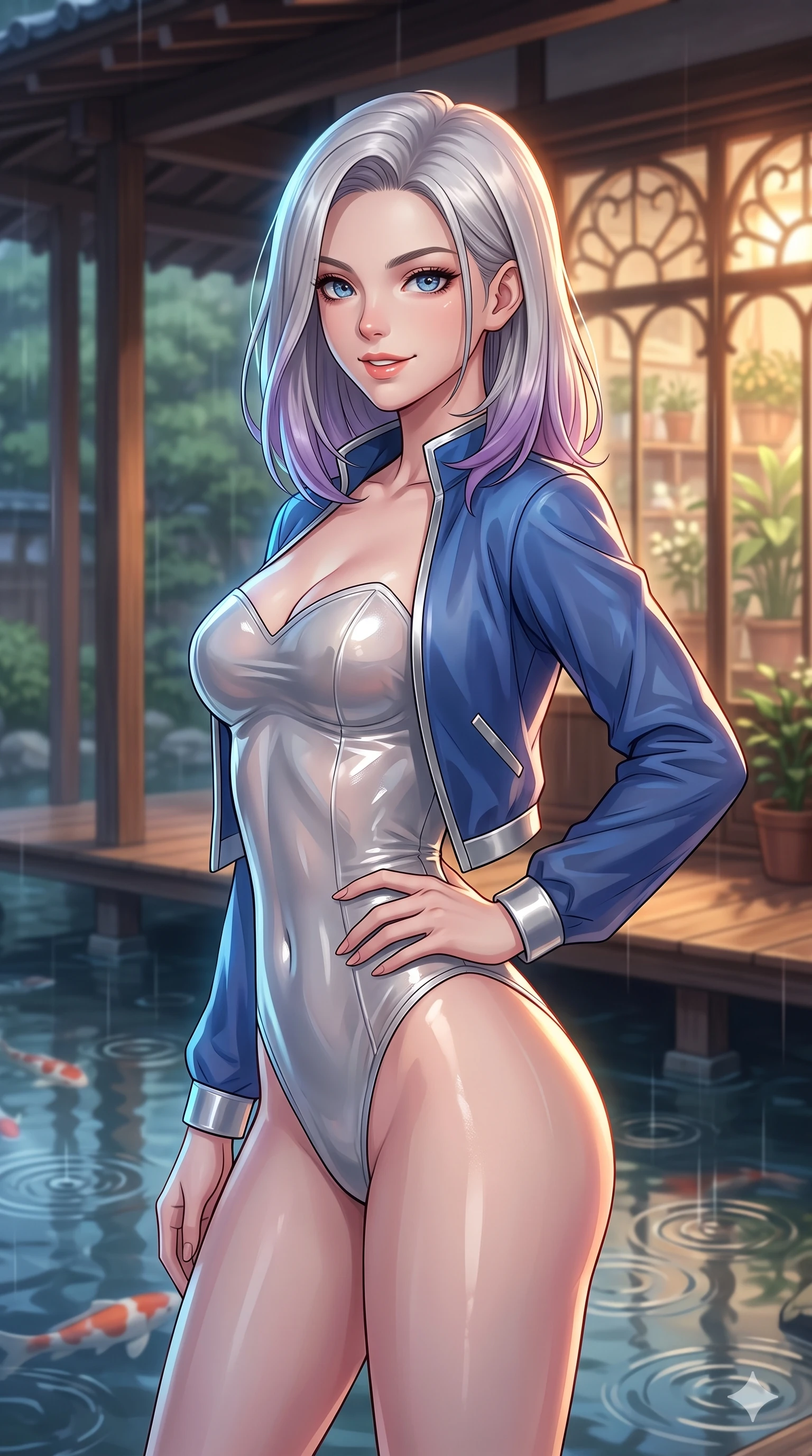score_9, masterpiece, best quality, ultra-detailed, high-budget anime keyframe, vibrant anime aesthetic, Caucasian woman, strictly human ears. close-up cowboy shot from the waist and thighs up, the character dominates the composition, filling the frame with her large presence, background elements kept in soft focus. She is posing with a confident, magnetic smile, one hand on her waist, looking over her shoulder at the camera with a lively, expressive stance. the background shows a soft-focus wooden veranda of a traditional garden pavilion, watching rain ripples in a large koi pond (Code-P22-145). She has an absolutely perfect proportion, an exceptionally elegant and slender female figure with an ultra-slim waist. V-shaped jawline, high-bridge nose, intricate jewel-like eyes with depth, thick eyelashes, glossy lips with a natural sheen. wearing a translucent high-shine bodysuit with a sweetheart neckline under a lightweight jacket in sapphire blue and silver trim. She is illuminated by dramatic rim lights from a vintage shop window, adding depth to her jewel-like eyes inside the retro conservatory cafe. 2k, ultra detail, master piece, 9:16 ratio