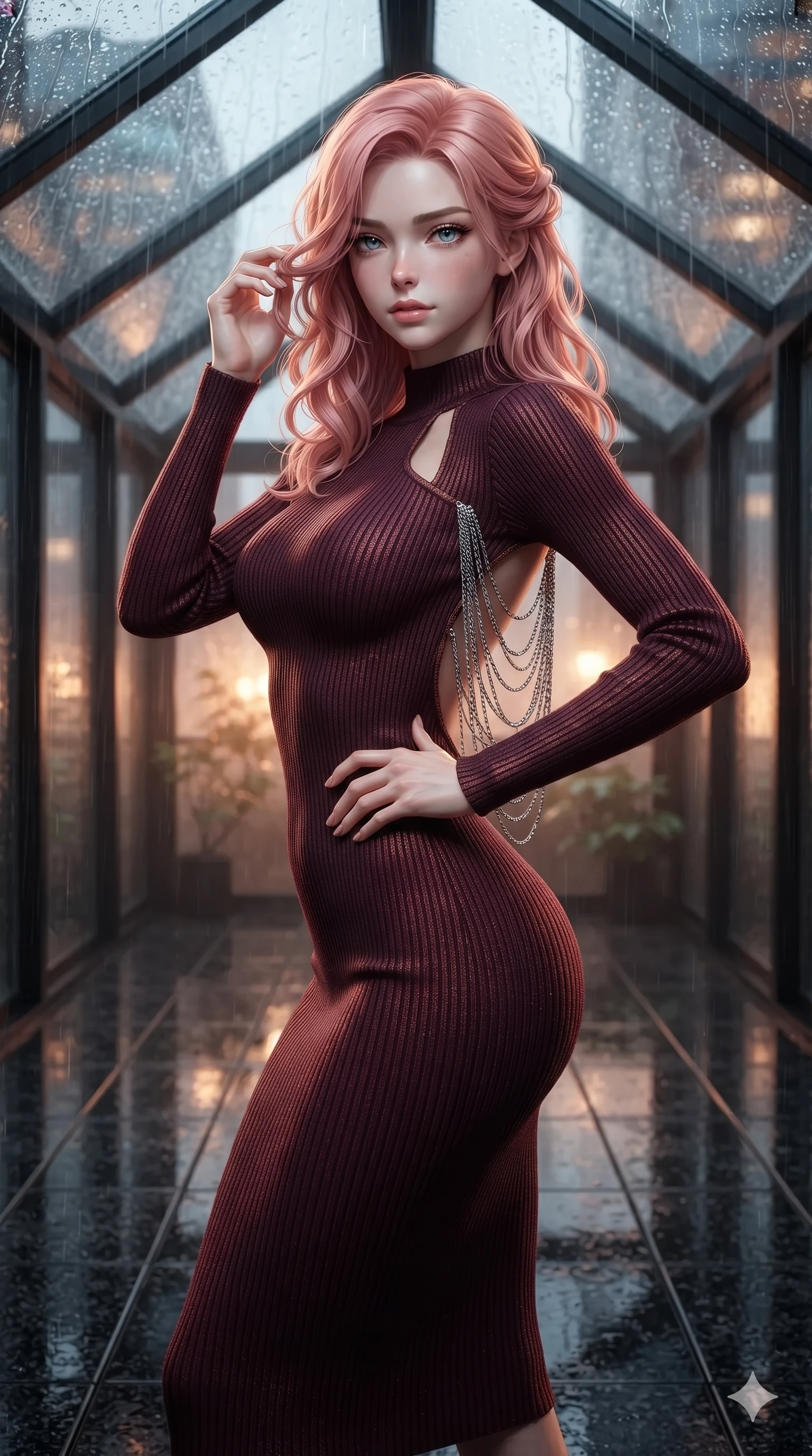 score_9, masterpiece, best quality, ultra-detailed, high-budget anime keyframe, editorial fashion photography, tasteful artistic composition, Japanese woman. close-up cowboy shot from the waist and thighs up, the character dominates the composition, filling the frame with her large presence. twisting her slender torso in an alluring contrapposto stance, one hand resting on her sculpted hip while her fingers toy with her hair with effortless poise while standing poised on the polished black granite walkway inside the high-altitude rooftop greenhouse, arching her back with siren poise as acid rain streams down the slanted glass skylight. The background shows a soft-focus warm greenhouse humidity mist softened in high-altitude rooftop haven shallow focus. She has an exceptionally elegant, slender, and willowy female figure with an ultra-slim waist, flat toned midriff, narrow ribcage, and sculpted feminine hips creating an alluring, slim hourglass silhouette without bulk. sharp v-shaped jawline, high-bridge nose, intricate jewel-like sparkling eyes with depth, thick eyelashes, glossy parted lips with a natural peach sheen, bright cheerful beaming smile with an enchanting and coquettish sensual glint, exuding both youthful cute charm and seductive allure, flawlessly proportioned anatomical accuracy, strict slender model proportions, natural body alignment, perfectly sculpted long slender limbs, ultra-slim waistline, clean dynamic posture without body distortion. wearing an ultra-sleek form-fitting ribbed knit midi dress with elegant collar cutouts contouring her feminine hourglass silhouette in deep burgundy and bronze accents, crafted from bespoke double-faced cashmere with an exceptionally soft tactile finish, accented with an open-back drape framed by falling strands of delicate chrome chains, the bespoke structured tailoring following the natural line of her 8.5-heads silhouette with refined elegance. bathed in warm 2700K greenhouse grow lamps contrasted with cool exterior neon skyscraper radiance through wet glass. ultra-reflective glossy finish, specular highlights, rich textural contrasts, high-contrast stereoscopic depth, volumetric dynamic lighting, 2k, ultra detail, master piece, 9:16 ratio
