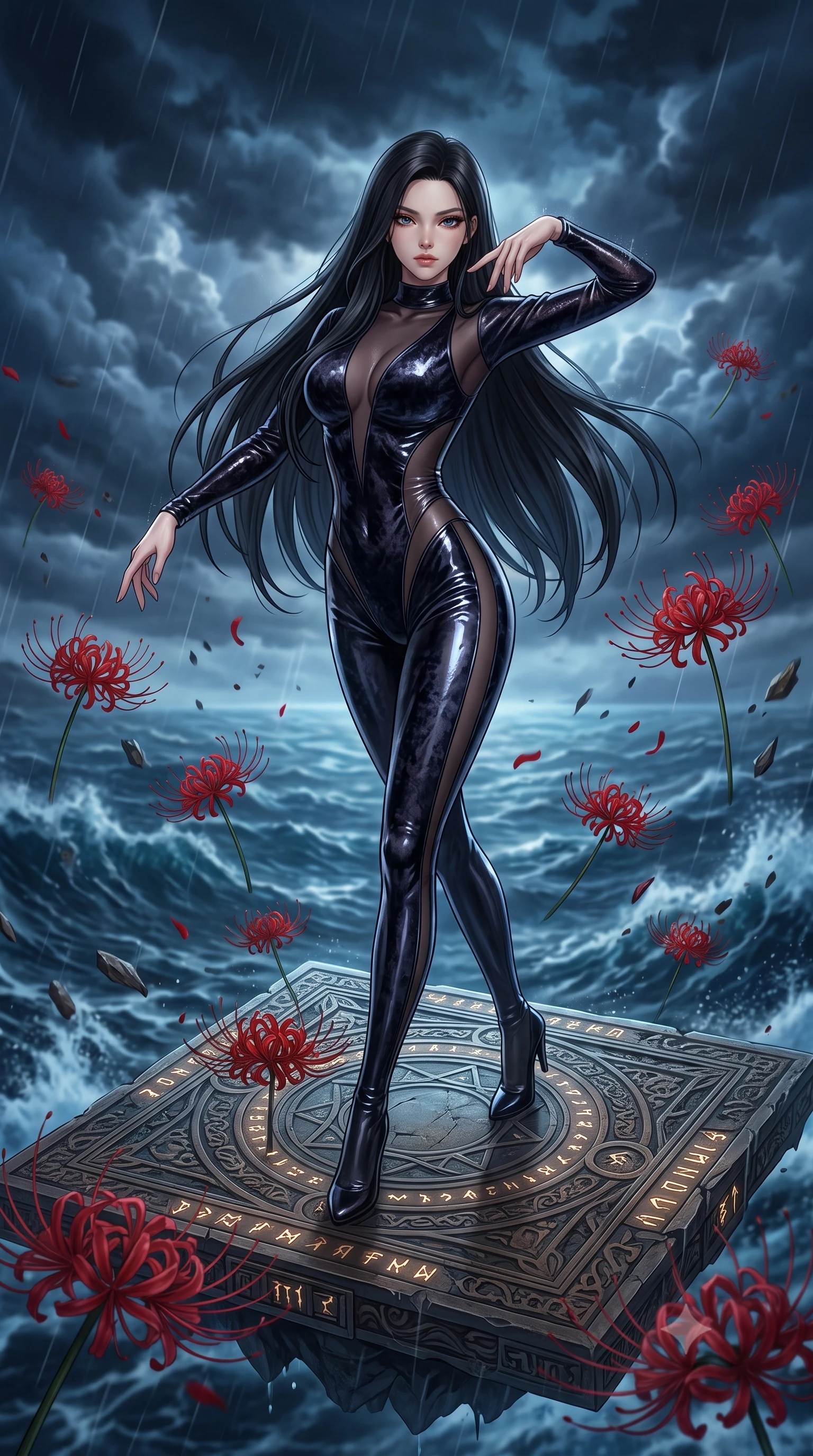 score_9, masterpiece, best quality, ultra-detailed, High-budget Anime Keyframe, East Asian woman. Low angle cowboy shot filling the entire 9:16 frame with her statuesque presence. Scenario 264: dancing amidst falling red spider lilies inside a floating platform suspended over a stormy sea of dark blue water. Her presence is magnetic and overpowering in this high-budget anime scene. Outfit 264: a body-hugging crushed dark velvet sheer with a sheer panels and wet-look texture. The clothing is designed to emphasize her exceptionally tall and slender 8-heads proportion. 8-heads proportion, towering silhouette, ultra-slim waist. sharp v-shaped jawline, intricate jewel-like eyes with depth, thick eyelashes, glossy lips. 2k, ultra detail, master piece, 9:16 ratio