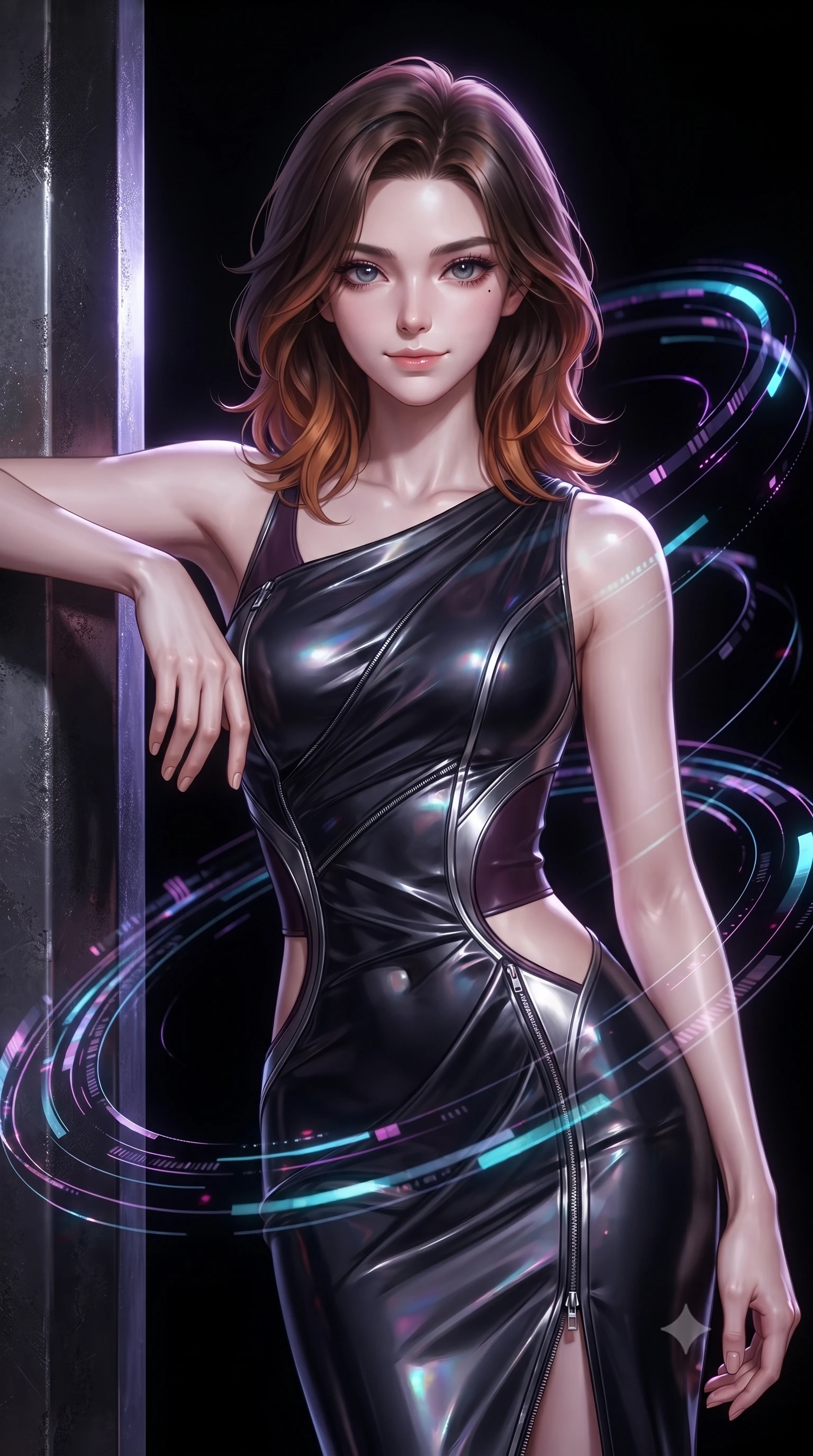 score_9, masterpiece, best quality, ultra-detailed, high-budget anime keyframe, editorial fashion photography, tasteful artistic composition, Korean woman. close-up cowboy shot from the waist and thighs up, the character dominates the composition, filling the frame with her large presence, background elements kept in soft focus. Smiling with quiet, magnetic self-assurance directly into the camera, resting against a dark metallic pillar as holographic data streams orbit her form, ultra-modern futuristic luxury fashion composition. She has an exceptionally elegant, slender, and willowy female figure with an ultra-slim waist, a gracefully sculpted slender torso, and a refined silhouette. sharp v-shaped jawline, high-bridge nose, intricate jewel-like eyes with depth, thick eyelashes, glossy lips with a natural sheen. wearing draped obsidian silk gown featuring tasteful waist slit cutouts in dark plum violet, made of polished black leather, finished with metallic silver boning and sleek zipper points, the fitted fabric emphasizing her ultra-slim waist. illuminated by dark violet and cyan holographic light rays against a black void. ultra-reflective glossy finish, specular highlights, metallic sheen, high-contrast stereoscopic depth, volumetric dynamic lighting, 2k, ultra detail, master piece, 9:16 ratio