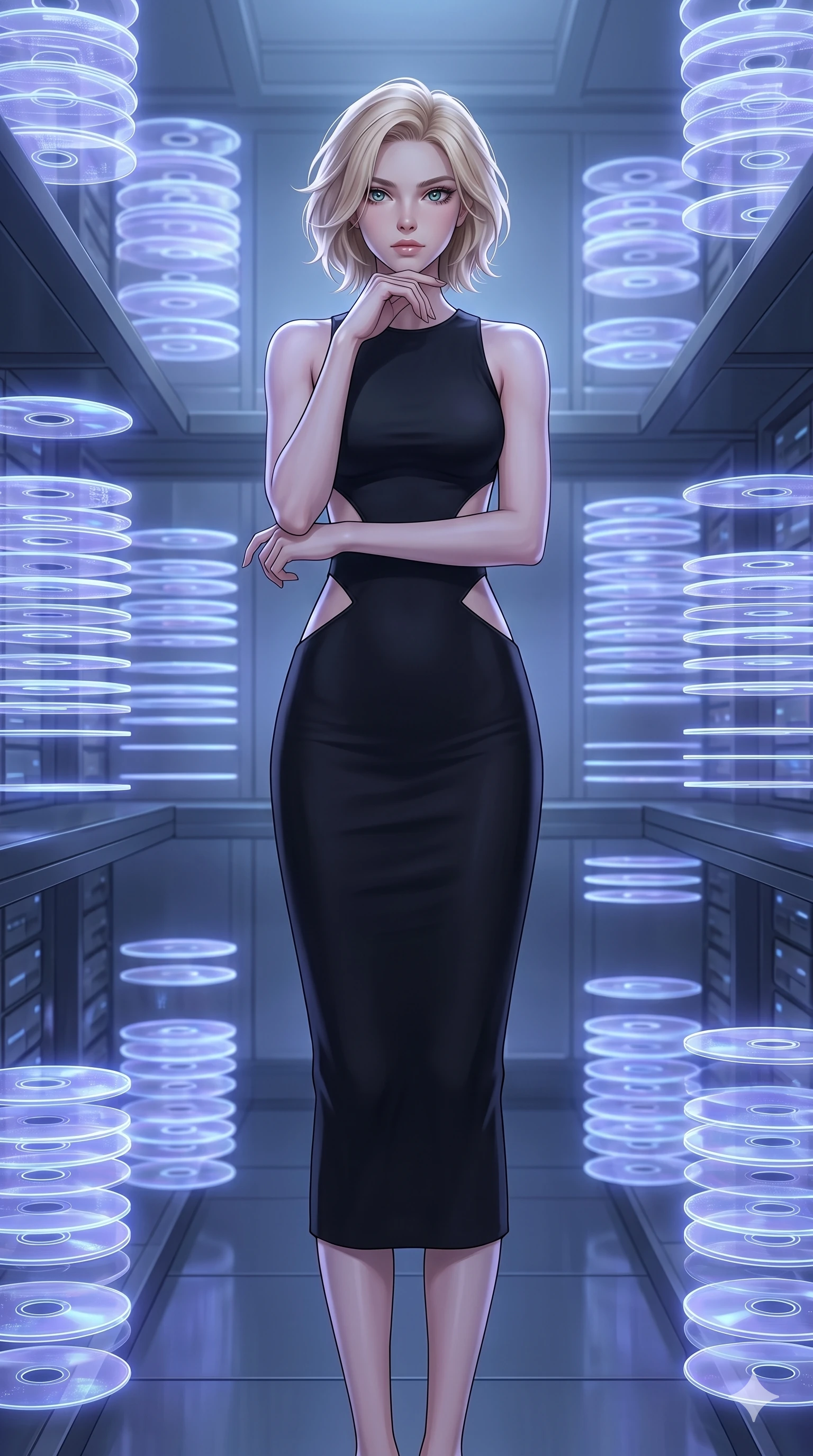 score_9, masterpiece, best quality, ultra-detailed, high-budget anime keyframe, editorial fashion photography, tasteful artistic composition, Caucasian woman, strictly human ears. cowboy shot from the thighs up, character and outfit filling the frame for maximum editorial presence. Resting her chin on the backs of her fingers in a confident pose inside a digital archive room where holographic data discs float in neat stacks. She has an absolutely perfect 8-heads proportion, an exceptionally tall and slender female figure with impossibly long slender legs and an ultra-slim waist. V-shaped jawline, high-bridge nose, intricate jewel-like eyes with depth, thick eyelashes, glossy lips with a natural sheen. wearing a matte black midi dress in heavy stretch-crepe with strategic diamond-shaped cutouts along the ribs and a high round neckline. bathed in cool ethereal blue-violet bioluminescent glow that highlights her form from all sides. 2k, ultra detail, master piece, 9:16 ratio