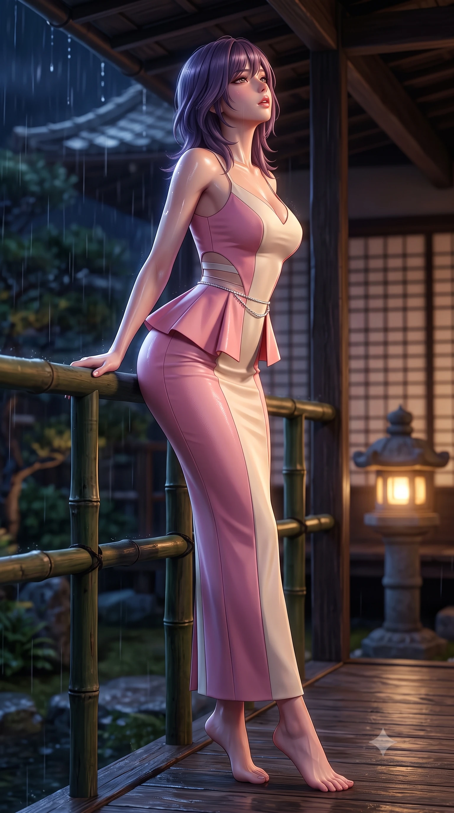 score_9, masterpiece, best quality, ultra-detailed, high-budget anime keyframe, semi-realistic 3D game render, editorial fashion photography, tasteful artistic composition, Japanese woman. low angle full-body shot from head to toe showing her feet, filling the entire 9:16 vertical frame with her statuesque presence, stretching her vertical silhouette. leaning deep against the structural architecture with hips cocked in an unapologetically bold, seductive high-fashion stance while leaning against the dark bamboo veranda railing with lower back arched, gazing into the raindrops with parted glossy lips. The composition keeps background elements in soft focus with creamy bokeh. traditional shoji lattice screens and stone lantern glow softened in tranquil nocturnal shallow focus. She has an exceptionally tall and slender model-like 8.5-heads proportion, an ultra-slim waist, a flat toned midriff, narrow delicate ribcage, and beautifully sculpted feminine hips creating a graceful, slim hourglass silhouette without any bulky heaviness, with impossibly long slender legs. sharp v-shaped jawline, high-bridge nose, intricate jewel-like eyes with depth, thick eyelashes, glossy parted lips with a natural sheen, intensely captivating and seductive bedroom-eyes expression, flawlessly proportioned anatomical accuracy, strict slender model proportions, natural body alignment, perfectly sculpted long slender limbs, ultra-slim waistline, clean dynamic posture without body distortion. wearing a structural geometric peplum gown with sheer side-ribbon cutouts and form-fitting skirt in sakura blossom pink and warm ivory, tailored from water-resistant treated wool gabardine and flexible stretch silk, accented with a dainty diamond waist chain catching the ambient light reflections, the liquid-tight tailored fabric clinging flawlessly to her narrow waist and rounded feminine hips, emphasizing every millimeter of her sculpted slim hourglass curves without any bulky heaviness. illuminated by wet specular highlights accentuating her slender neckline, sculpted waist, and rounded hips. highly saturated vibrant anime colors, detailed shading with soft gradients, rich glossy textures, high-contrast stereoscopic depth, volumetric dynamic lighting, master piece, 9:16 ratio