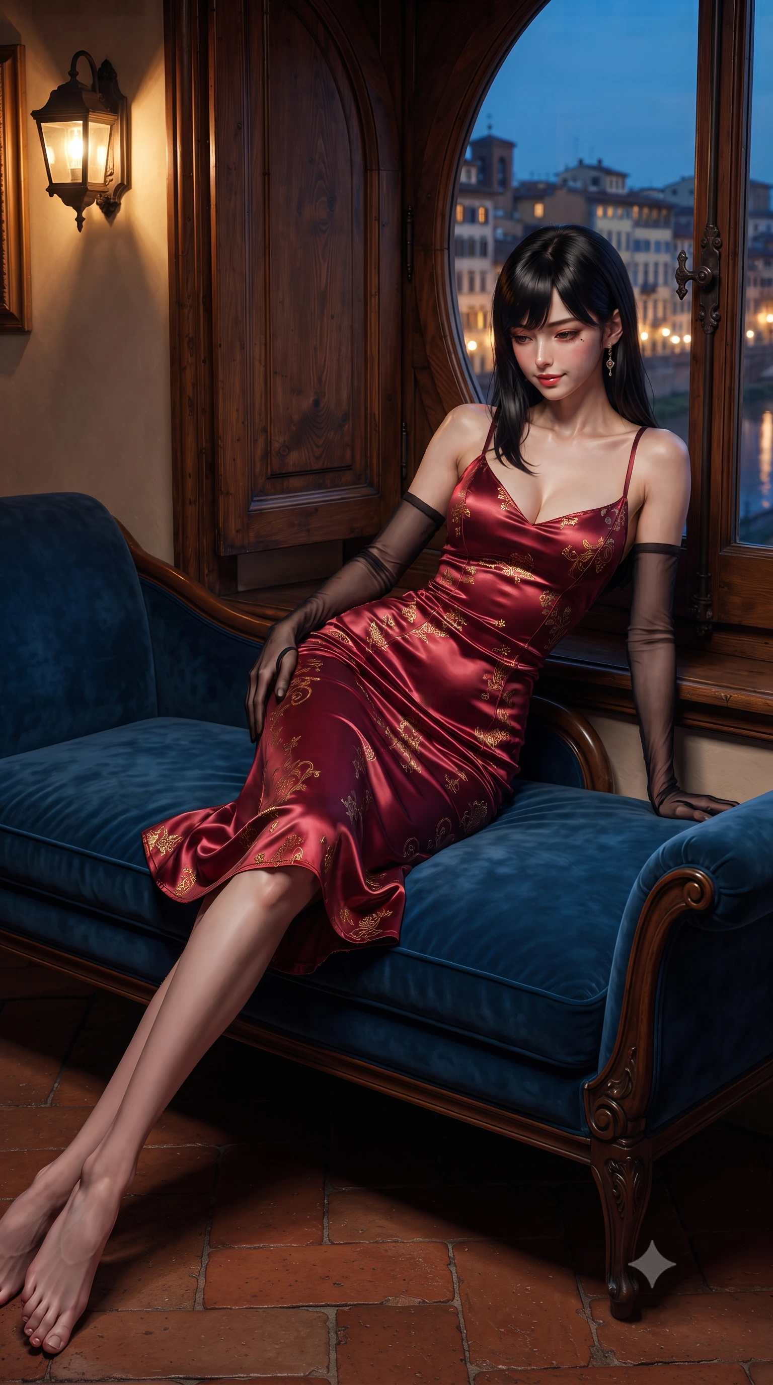 score_9, masterpiece, best quality, ultra-detailed, high-budget anime keyframe, editorial fashion photography, tasteful artistic composition, Caucasian woman. low angle full-body shot from head to toe showing her feet, filling the entire 9:16 vertical frame with her statuesque presence, stretching her vertical silhouette. reclining gracefully across the plush chaise lounge with one leg extended, her sculpted silhouette and flat midriff radiating magnetic nocturnal glamour while leaning against the ancient wooden window embrasure with hips cocked back, looking down at the illuminated jeweled shops and Arno river with smoldering bedroom-eyes. The surrounding environment is rendered in vivid detail and crisp panoramic clarity: sharp round window frame joinery, historic terracotta floor brick grain, and antique wrought-iron latch hardware in deep focus. She has an exceptionally tall and slender model-like 8.5-heads proportion, an ultra-slim waist, a flat toned midriff, narrow delicate ribcage, and beautifully sculpted feminine hips creating a graceful, slim hourglass silhouette without any bulky heaviness, with impossibly long slender legs. sharp v-shaped jawline, high-bridge nose, intricate jewel-like sparkling eyes with depth, thick eyelashes, glossy parted lips with a natural peach sheen, bright cheerful beaming smile with an enchanting and coquettish sensual glint, exuding both youthful cute charm and seductive allure, flawlessly proportioned anatomical accuracy, strict slender model proportions, natural body alignment, perfectly sculpted long slender limbs, ultra-slim waistline, clean dynamic posture without body distortion. wearing a sculpted liquid satin bias-cut slip dress tailored with contouring seams that adhere flawlessly over her feminine hips in Bohemian Prague garnet ruby and antique 24k gold leaf, crafted from bespoke double-faced cashmere with an exceptionally soft tactile finish, complemented by sheer opera-length evening gloves tracing her slender arms, the liquid-tight tailored fabric clinging flawlessly to her narrow waist and rounded feminine hips, emphasizing every millimeter of her sculpted slim hourglass curves without any bulky heaviness. bathed in the warm golden 2300K glow of vintage wall lanterns mixed with twilight blue from the arched window. ultra-reflective glossy finish, specular highlights, rich textural contrasts, high-contrast stereoscopic depth, volumetric dynamic lighting, 2k, ultra detail, master piece, 9:16 ratio