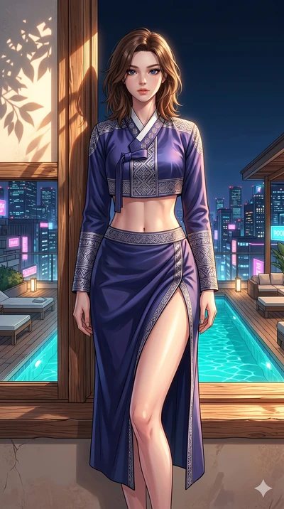 score_9, masterpiece, best quality, ultra-detailed, high-budget anime keyframe, editorial fashion photography, tasteful artistic composition, Korean woman. cowboy shot from the thighs up, character and outfit filling the frame for maximum editorial p