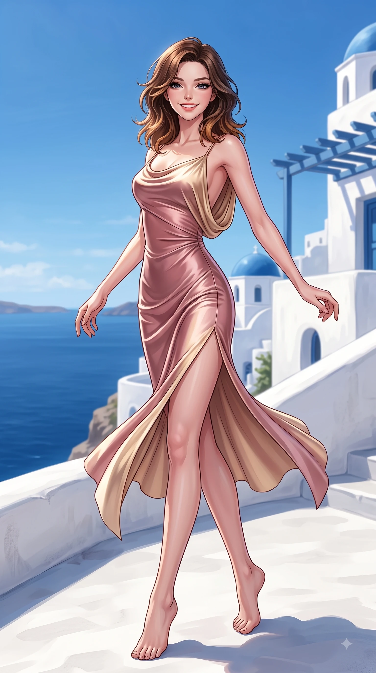 score_9, masterpiece, best quality, ultra-detailed, high-budget anime keyframe, editorial fashion photography, tasteful artistic composition, Korean woman. low angle full-body shot from head to toe showing her feet, filling the entire 9:16 vertical frame with her statuesque presence, stretching her vertical silhouette. performing a cheerful mid-air rotation with flawless poise, her radiant smile capturing pure happy energy while stepping cheerfully along a whitewashed stone terrace overlooking the deep blue Aegean sea, pristine white stone architecture contrasting brilliantly with deep azure sea and blue skies. She has an absolutely perfect, statuesque 8.5-heads proportion, an exceptionally tall and slender model-like female figure with impossibly long slender legs and an ultra-slim waist. sharp v-shaped jawline, high-bridge nose, intricate jewel-like eyes with depth, thick eyelashes, glossy lips with a natural sheen, flawlessly proportioned anatomical accuracy, natural body alignment, perfectly sculpted elegant limbs, clean dynamic posture without body distortion. wearing a precision-fitted liquid jersey bodycon dress with a graceful draped back in dusty rose and champagne gold, crafted from lustrous satin jersey with fluid draping, finished with a sleek side slit ascending to mid-thigh, the elegant draped fit framing her graceful clavicle and slender torso. surrounded by a clear, sun-drenched atmosphere with crisp cheerful highlights. highly saturated vibrant anime colors, detailed shading with soft gradients, rich glossy textures, high-contrast stereoscopic depth, volumetric dynamic lighting, master piece, 9:16 ratio