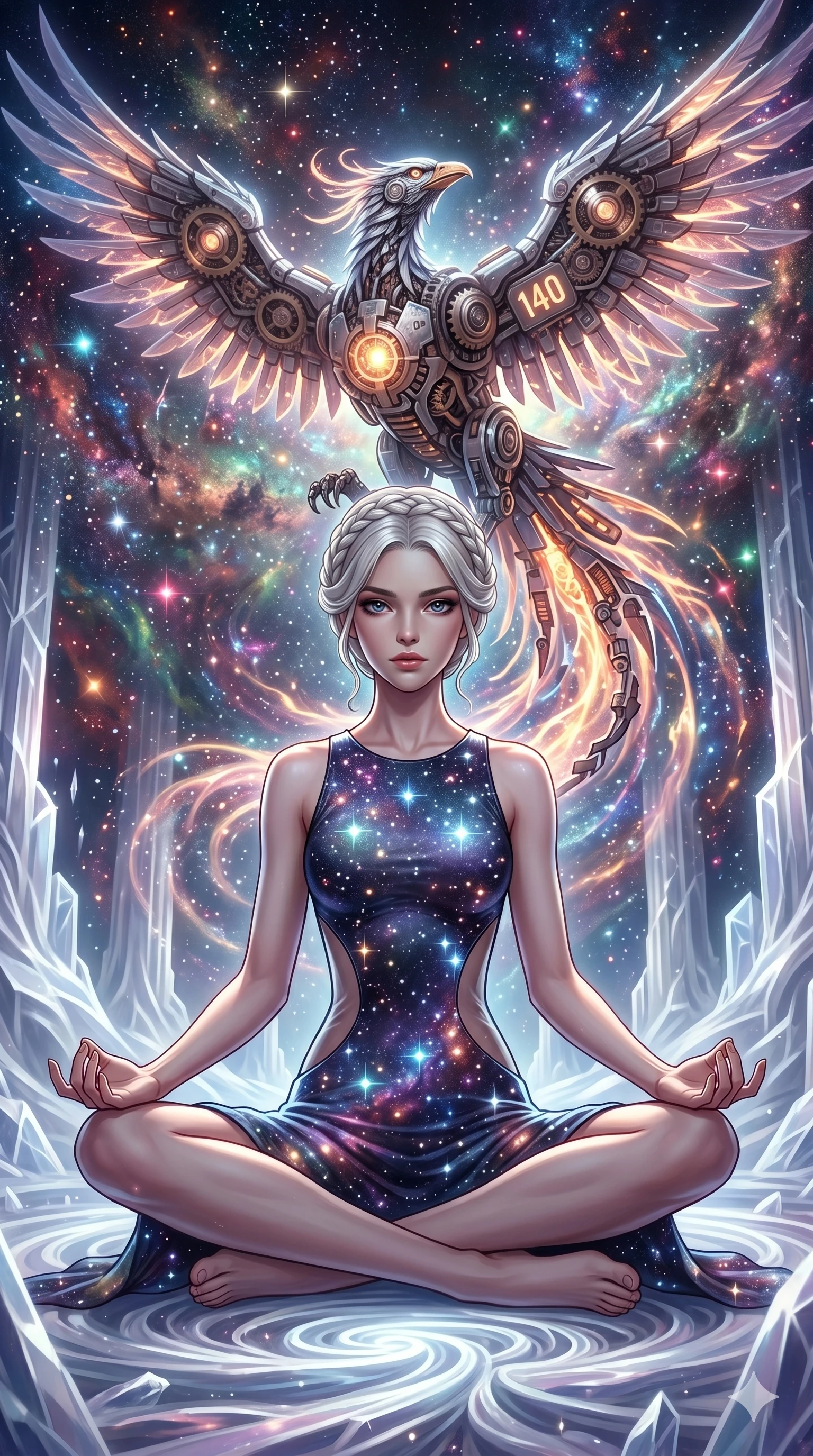 score_9, masterpiece, best quality, ultra-detailed, Set A: High-budget Anime Keyframe, Caucasian (human ears) woman. Low angle cowboy shot filling the entire 9:16 frame with her statuesque presence. Theme: Abstract Cosmic. meditating in a temple made of solid light, while a mechanical phoenix rises in the background marked 140. The atmosphere is filled with a swirling vortex of stars. She has an absolutely perfect 8-heads proportion, an exceptionally tall and slender female figure with impossibly long slender legs and an ultra-slim waist. Sharp v-shaped jawline, high-bridge nose, intricate jewel-like eyes with depth, glossy lips. Wearing Galaxy-print bodycon dress with real glowing star-points and sheer side panels. Cinematic lighting, vivid colors, dramatic shadows, 2k, ultra detail, master piece, 9:16 ratio