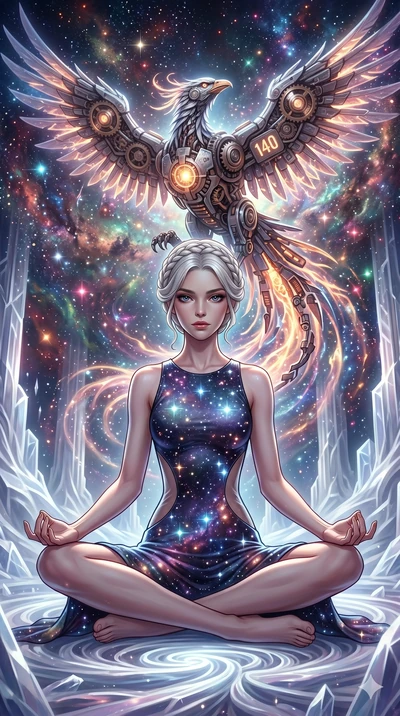 score_9, masterpiece, best quality, ultra-detailed, Set A: High-budget Anime Keyframe, Caucasian (human ears) woman. Low angle cowboy shot filling the entire 9:16 frame with her statuesque presence. Theme: Abstract Cosmic. meditating in a temple made